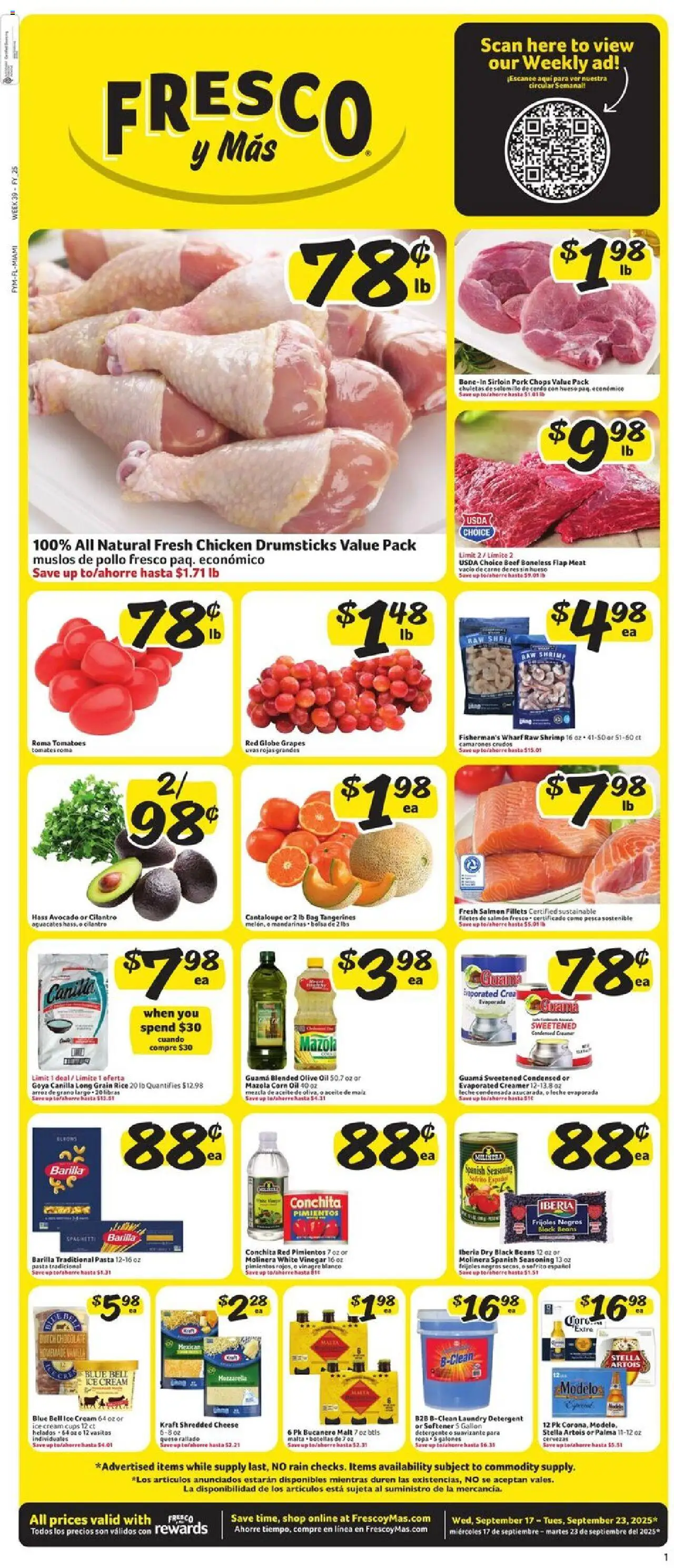 Ad Preview of Fresco y Más Weekly Ad - FL from 09/17/2025 - Corn, Beef, Laundry detergent, Drumsticks, White vinegar, Detergent, Fresh salmon, Chicken
