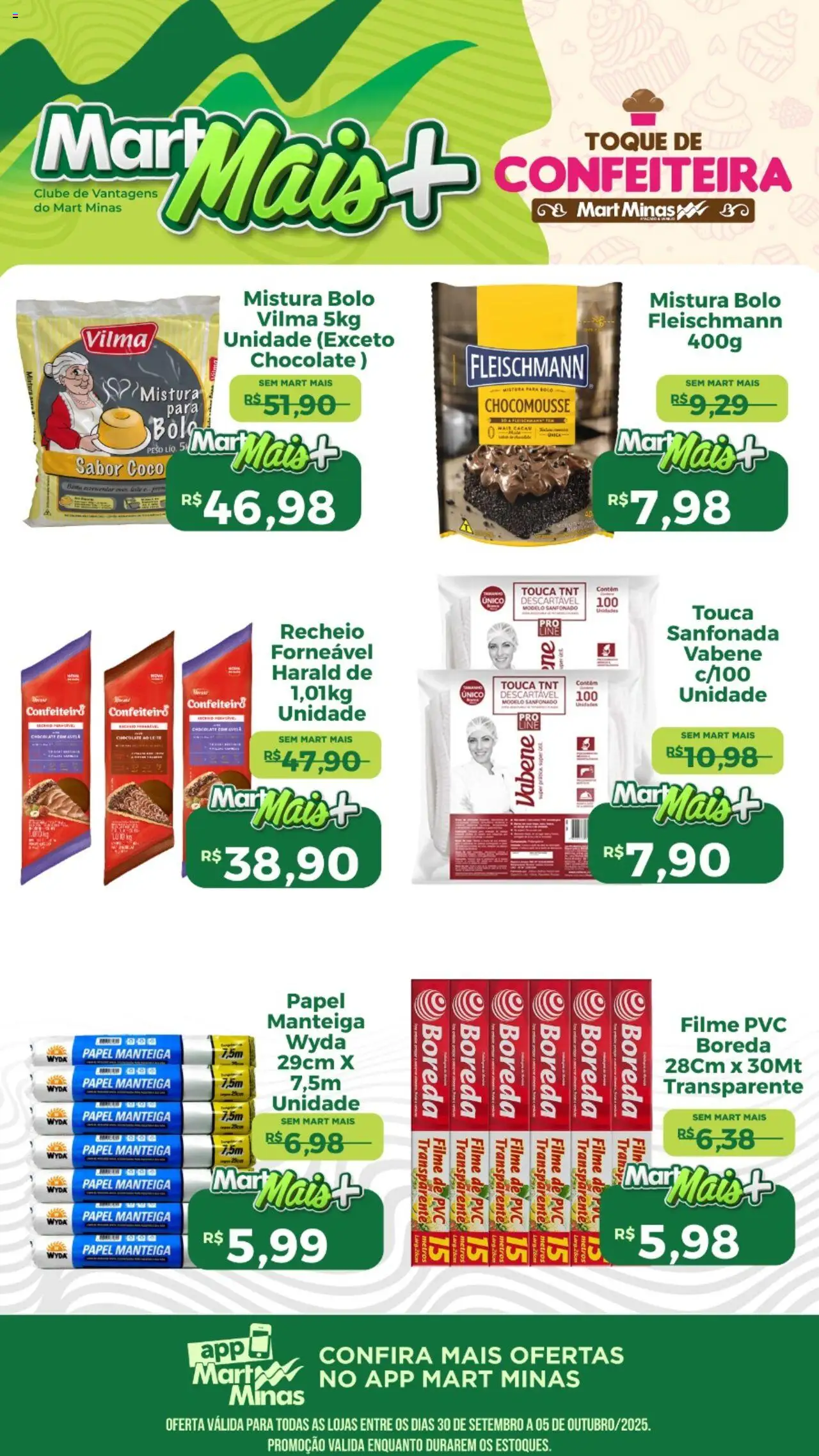 Mart Minas folheto "Ofertas de confeitaria" válido a partir de 30/09/2025 - número de página 1 - Coco, Bolo, Chocolate, Manteiga, Touca, Papel manteiga, Avelã, filme de PVC