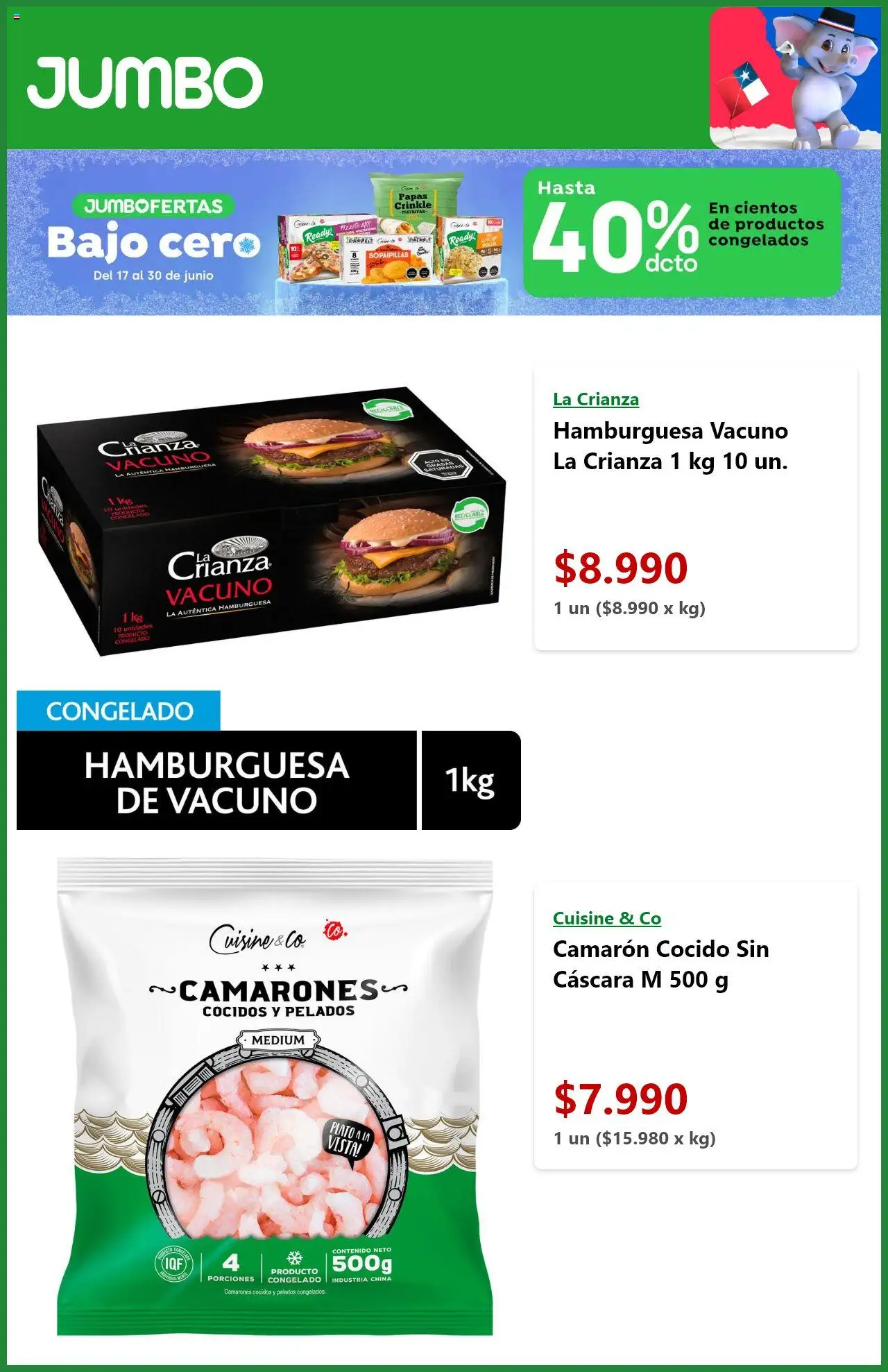 Jumbo Ofertas > válido desde 16.06.2025 > número de página 5 - Hamburguesa, Papas, Pollo, Bajo, Camarón, Cáscara