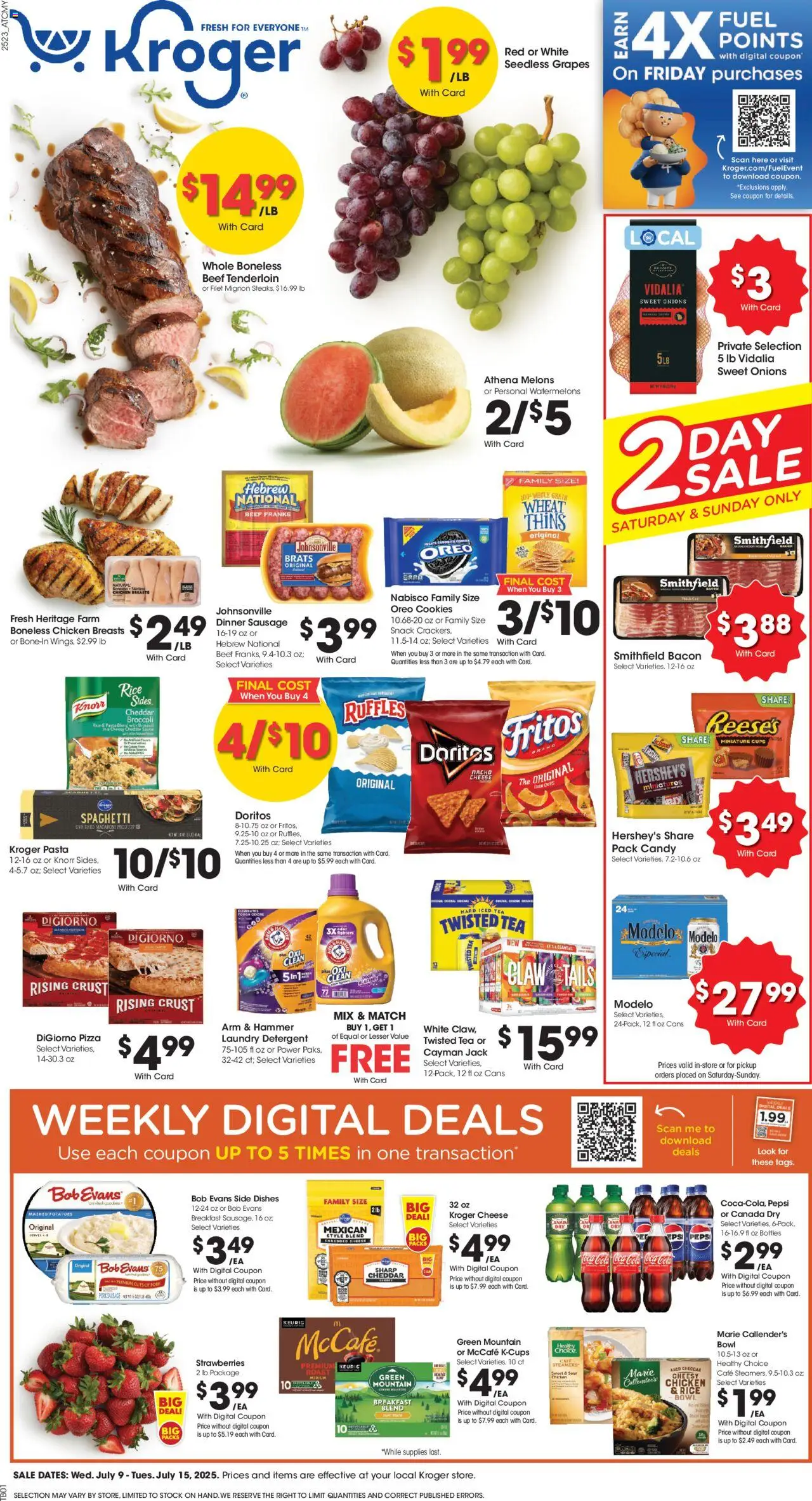 Kroger Weekly ads from 07/09/2025 >> Ad for next week - Page number 1 - Candy, Chicken breasts, Beef, Chips, Beef tenderloin, Spaghetti, Iced tea, Filet