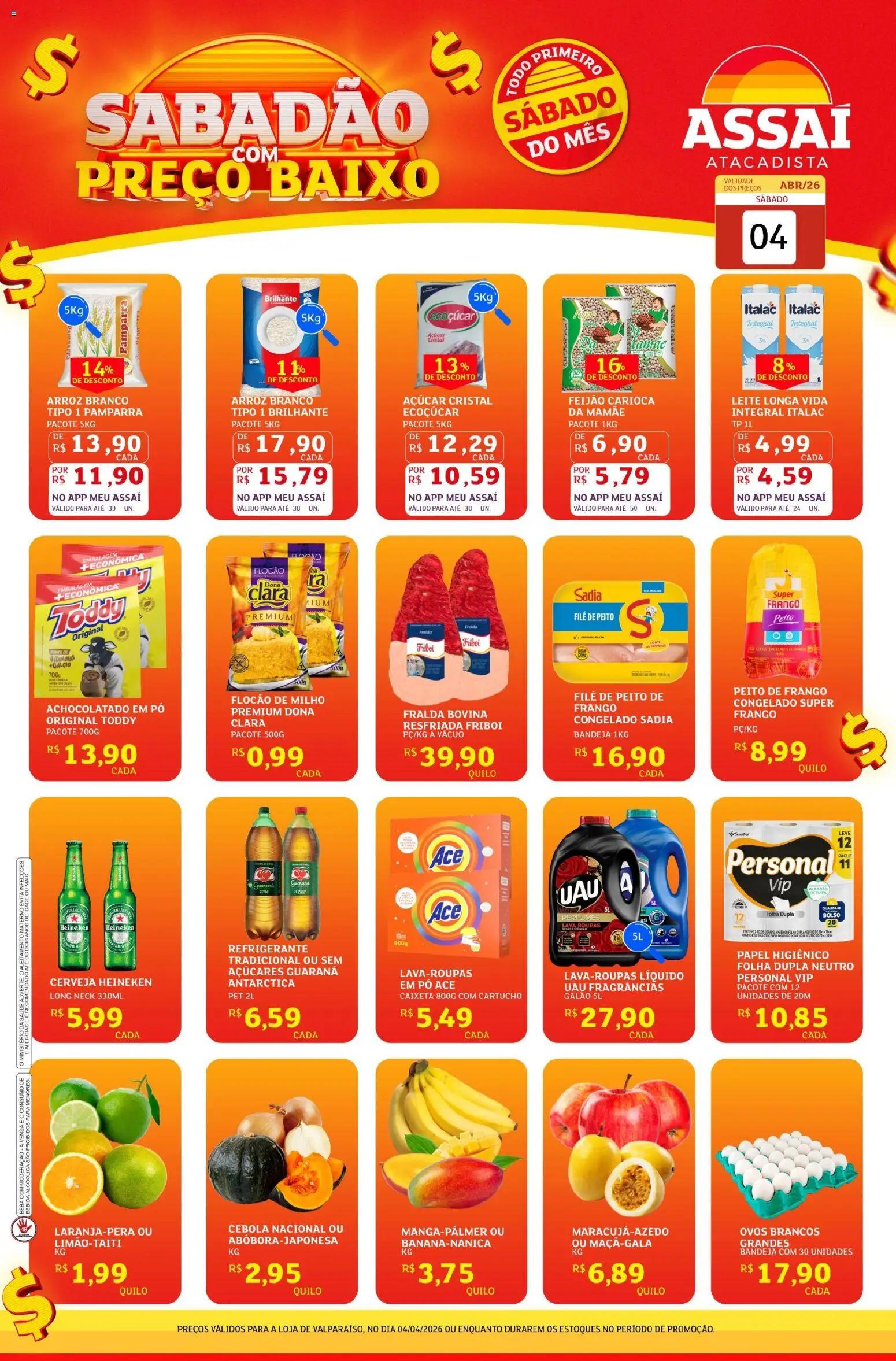 Pré-Visualização do folheto "Assaí Atacadista ofertas - GO" da loja Assaí Atacadista válido a partir de 04/04/2026 - Feijão, Açúcar, Milho, Baixo, Cebola, Pó, Cálcio, Açúcar cristal