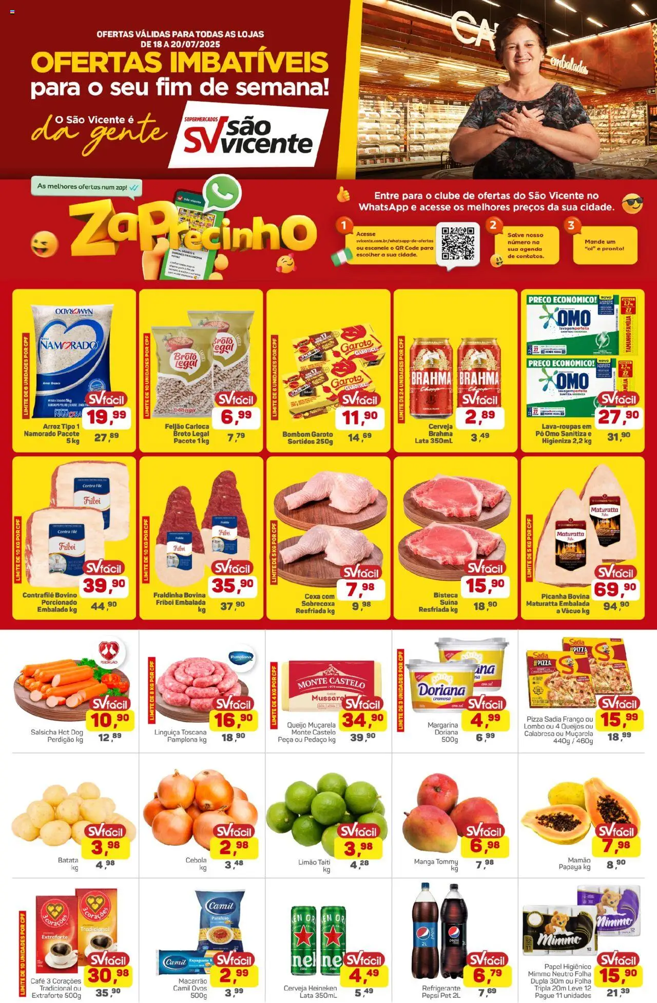 Supermercados São Vicente folheto "Ofertas da semana" válido a partir de 18/07/2025 - número de página 1 - Cebola, Feijão, Salsicha, Contra filé, Fraldinha, Queijo, Ovos, Cerveja