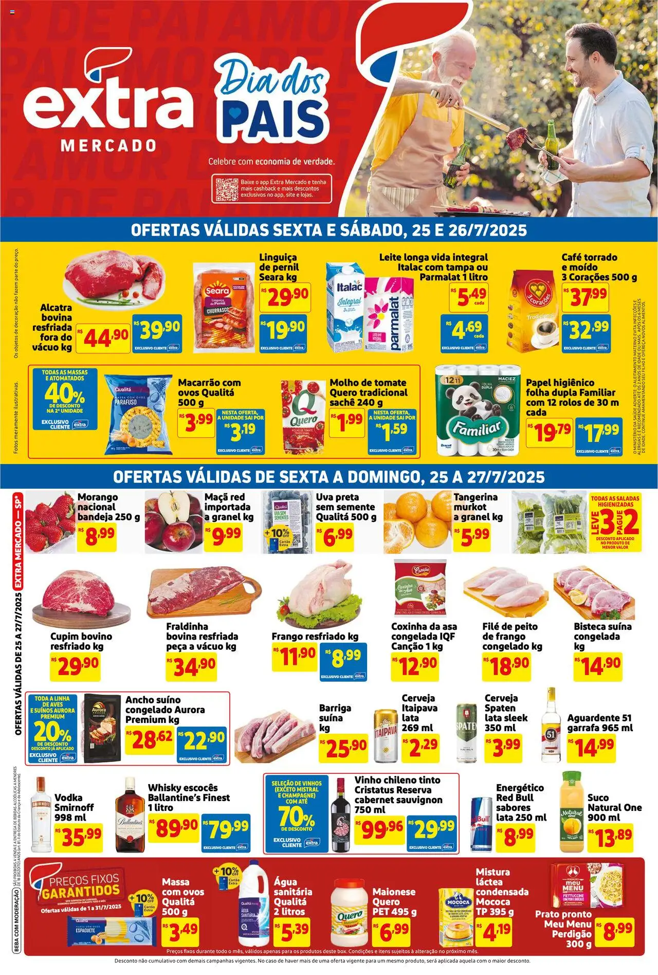 Extra folheto "Ofertas de Mercado Fim de Semana" válido a partir de 25/07/2025 - número de página 1 - Leite longa vida, Tomate, Uva, Fraldinha, Café, Macarrão, Massa, Água