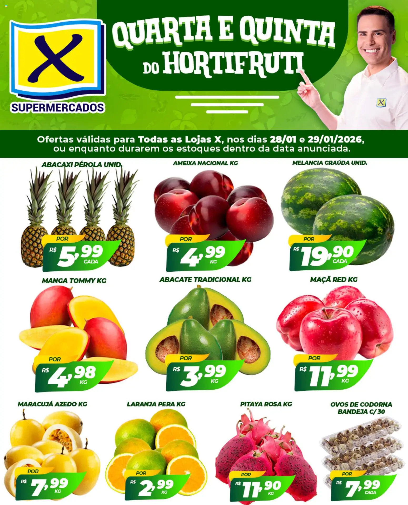 Pré-Visualização do folheto "Ofertas Quarta e Quinta do Hortifruti" da loja X Supermercados válido a partir de 28/01/2026