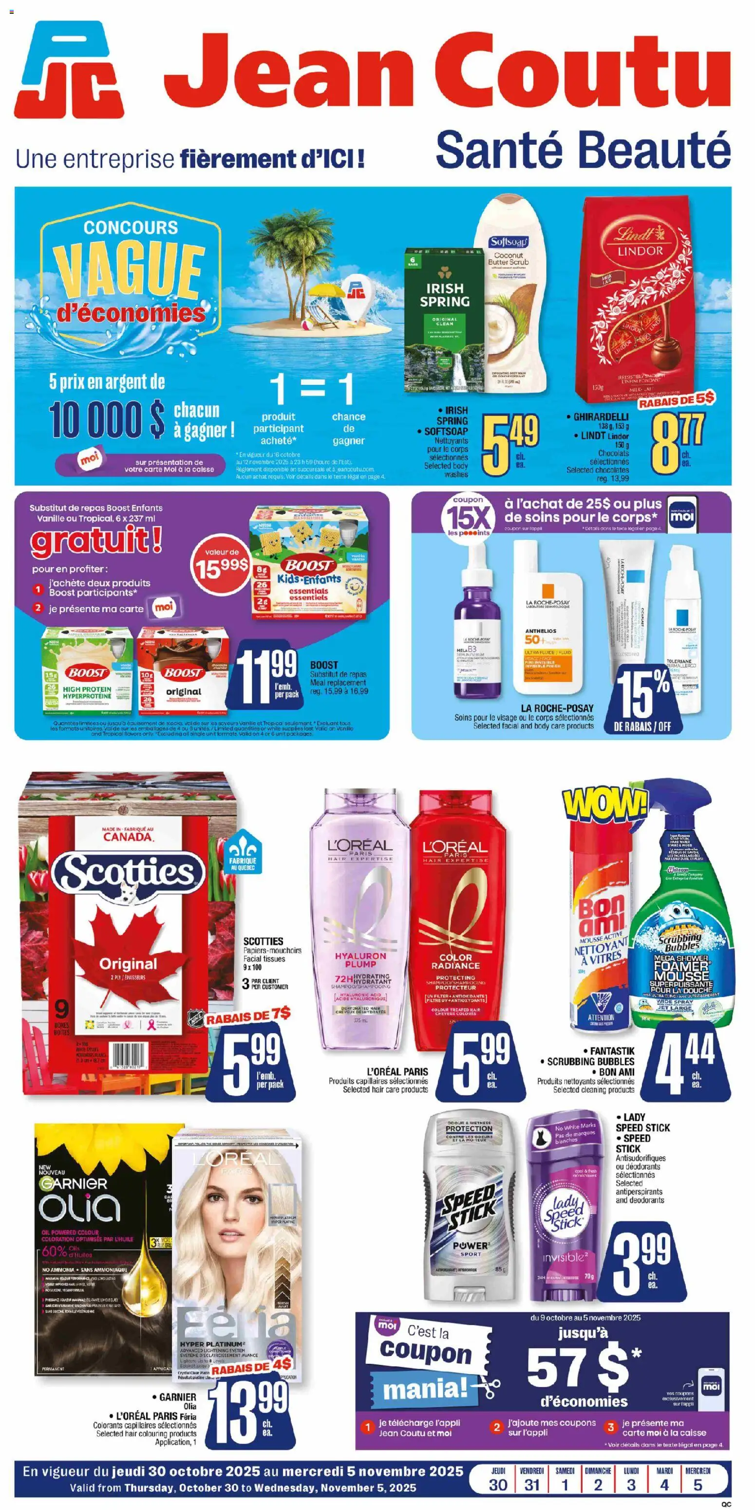 Preview of leaflet Santé-Beauté from shop Jean Coutu is valid from Oct 30, 2025 - Water, Lindt, Oil, Protein, Shower, Soap, Body wash, Tissues