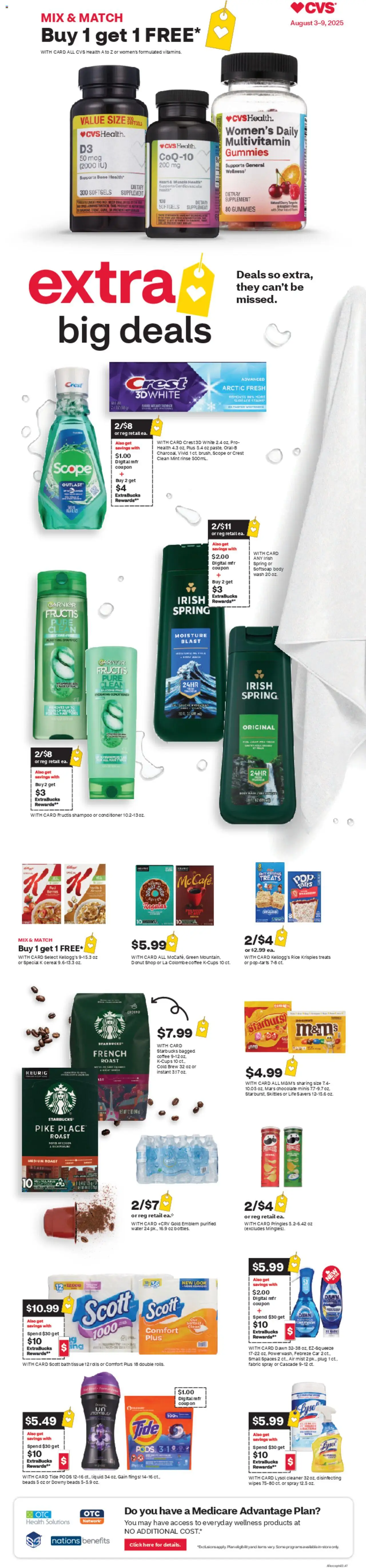 CVS Weekly Ad from 08/03/2025 - Flyer, Circular this week - Page number 1 - Coffee, Water, Cereal, CoQ10, Rice, Shampoo, Body Wash, Conditioner