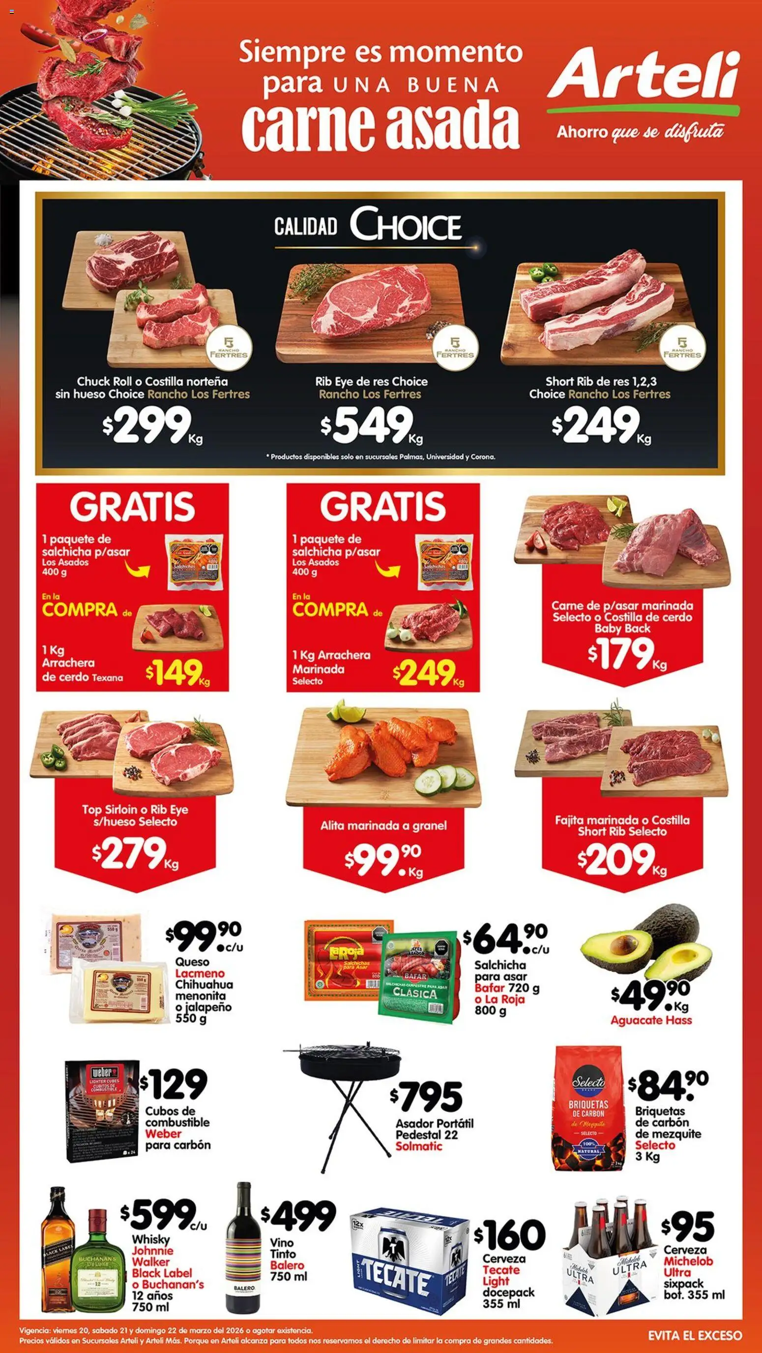 Vista previa las ofertas de la tienda Arteli - Arteli folleto Carnes & Cortes desde el 20/03/2026 - Whisky, Cerveza, Aguacate, Carne, Cerdo, Salchicha, Res, Briquetas