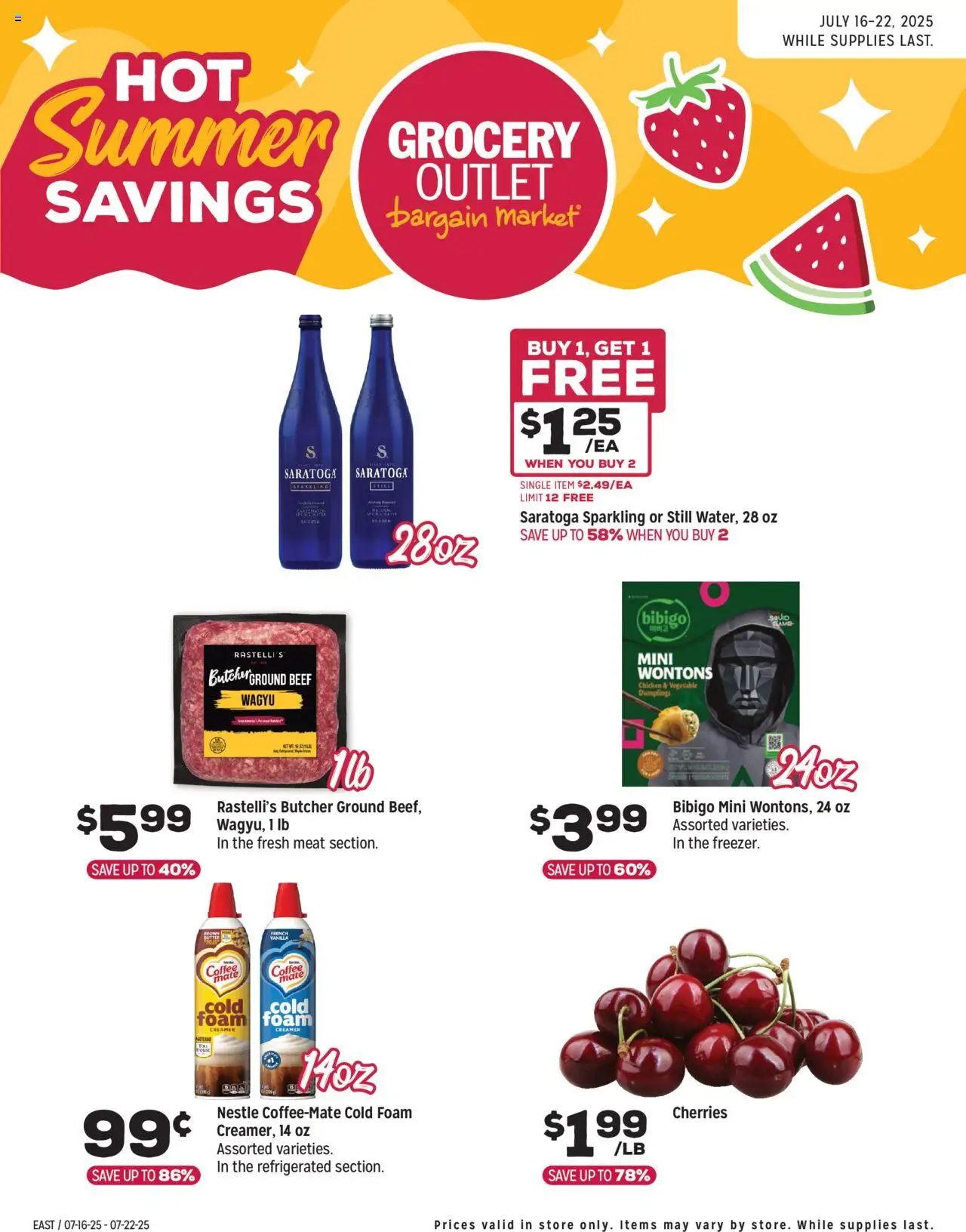 Grocery Outlet Weekly - MD from 07/16/2025 - Flyer - Page number 1 - Meat, Chicken, Butter, Coffee, Beef, Dumplings, Foam, Vanilla