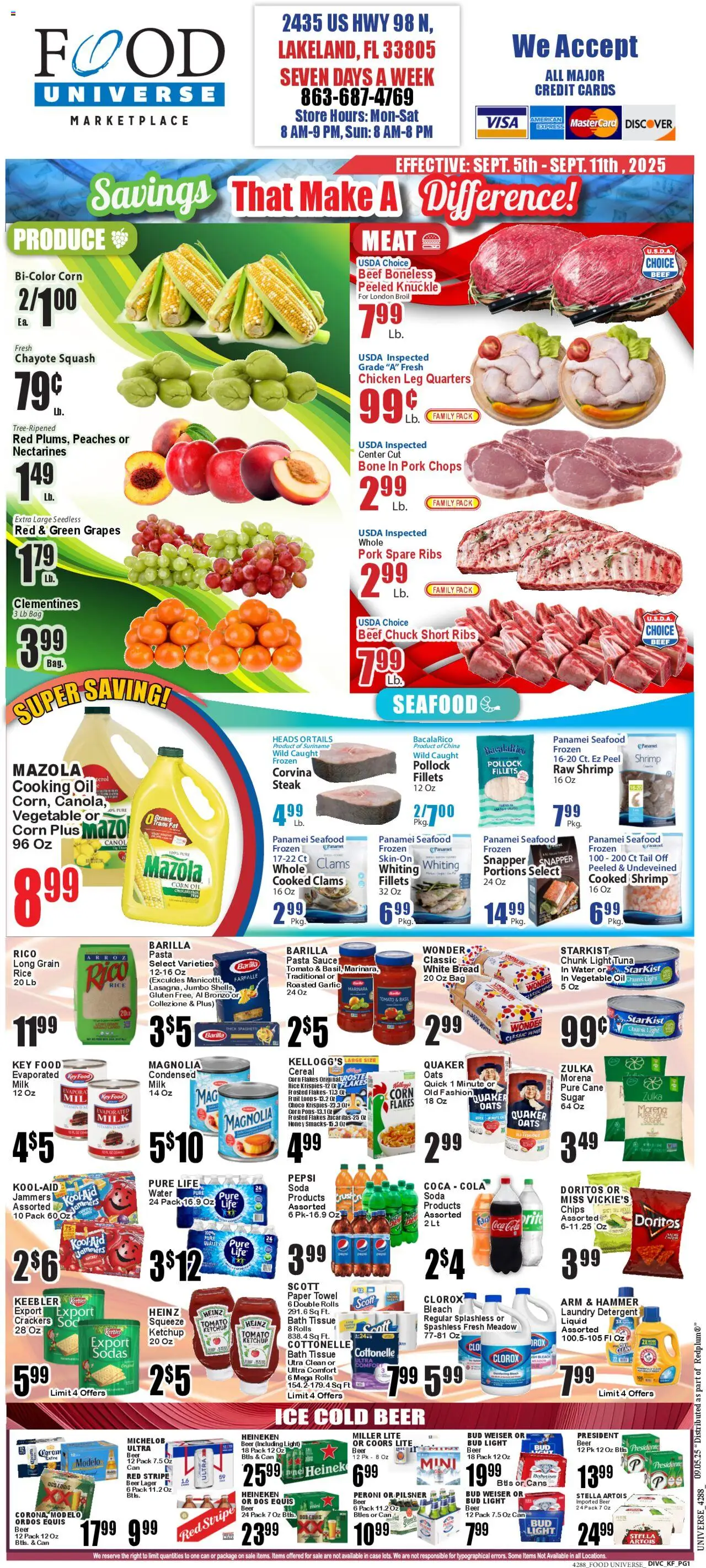 Food Universe Weekly Ad from 09/05/2025 - Flyer - Page number 1 - Pasta, Peaches, Shrimp, Beef, Bath, Nectarines, Case, Flakes