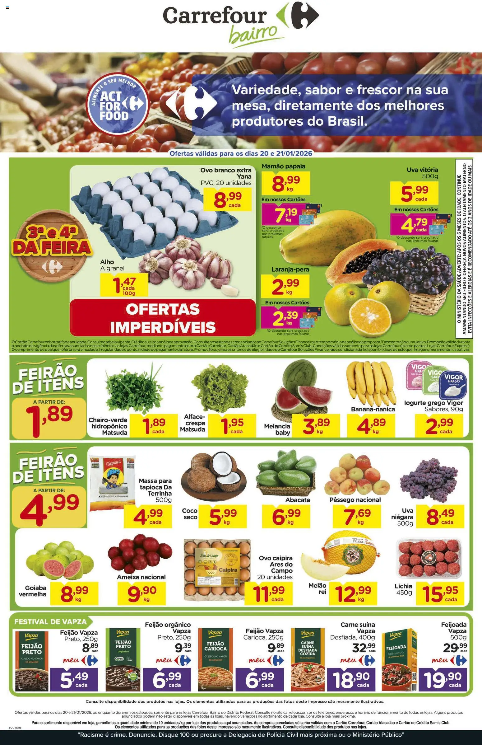 Pré-Visualização do folheto "Ofertas Feira" da loja Carrefour Bairro válido a partir de 20/01/2026 - Tapioca, Feijão, Carne, Goiaba, Pêssego, Massa, Alho, Mamão