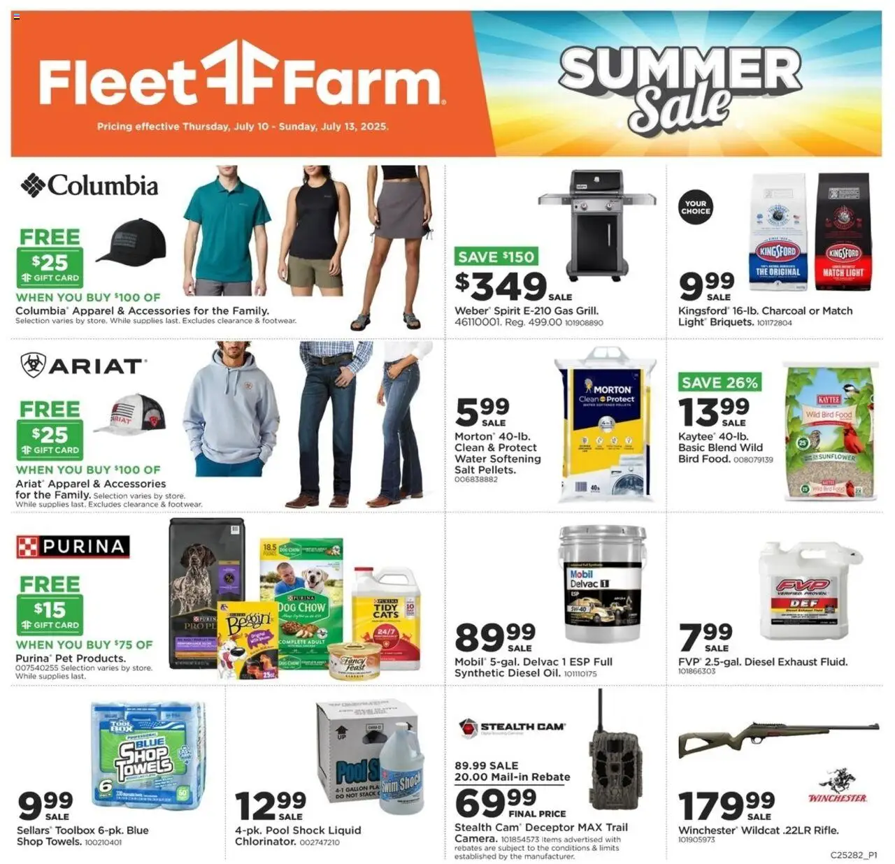 Mills Fleet Farm Summer Sale from 07/10/2025 - Flyer - Page number 1 - Charcoal, Water, Salt, Shock