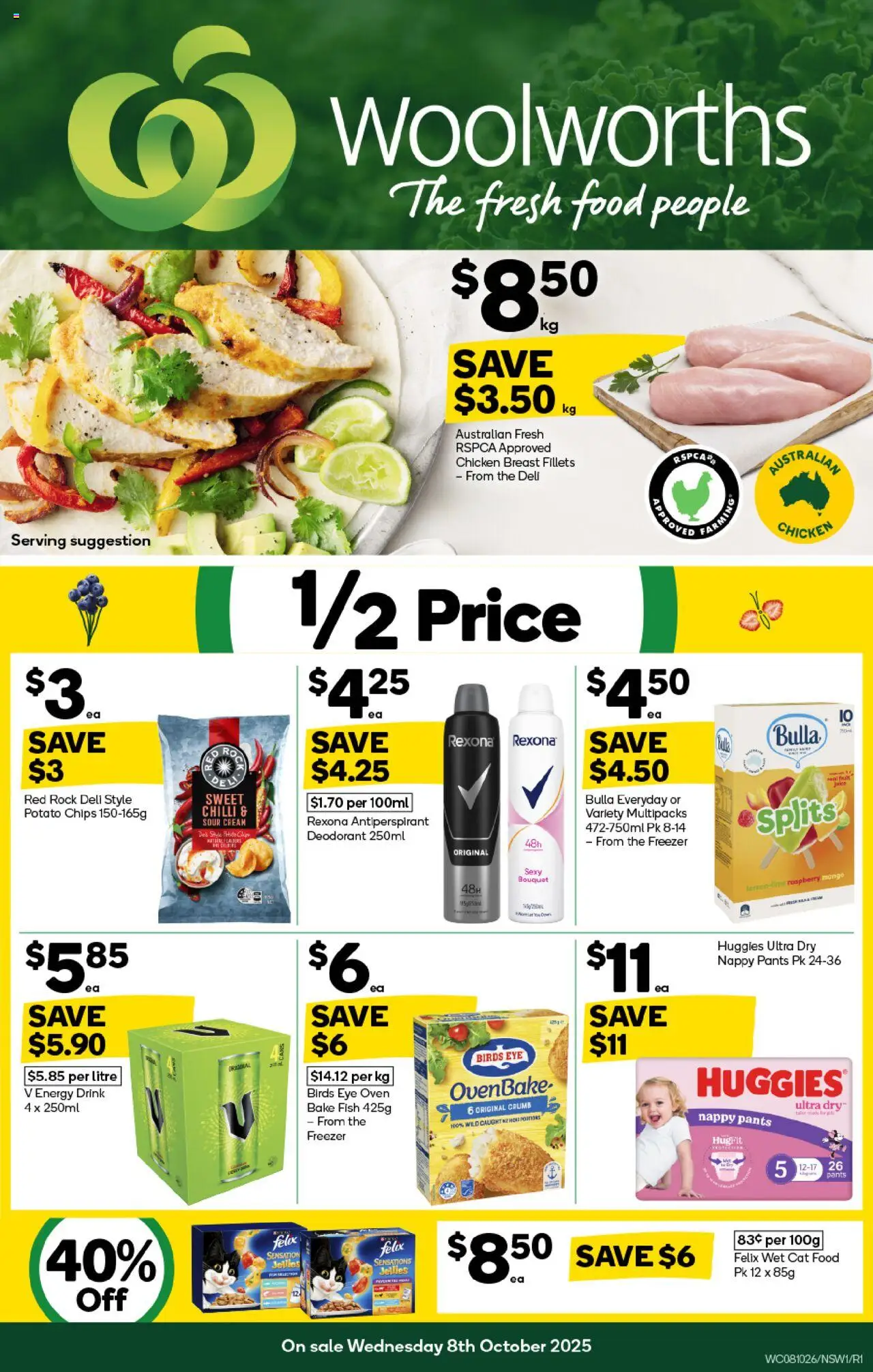 Preview of catalogue Weekly Specials Catalogue NSW from shop Woolworths valid 08/10/2025 - Food, Chicken breast, Sour cream, Deodorant, Cream, Mango, Chilli, Fruit