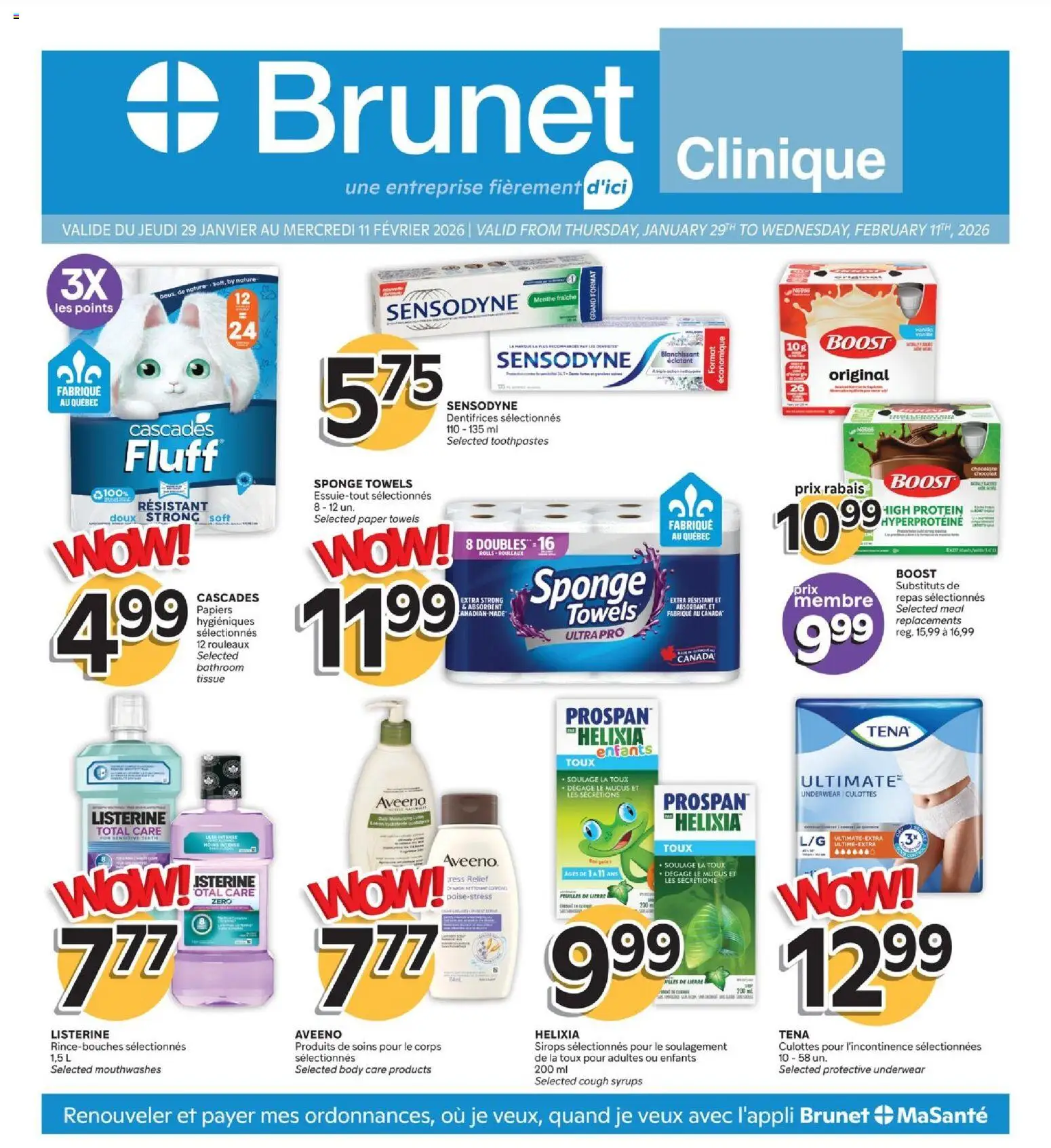 Preview of leaflet Clinique from shop Brunet is valid from Jan 29, 2026 - Chocolate, Protein, Underwear, Paper towels, Towels, Sponge, Listerine