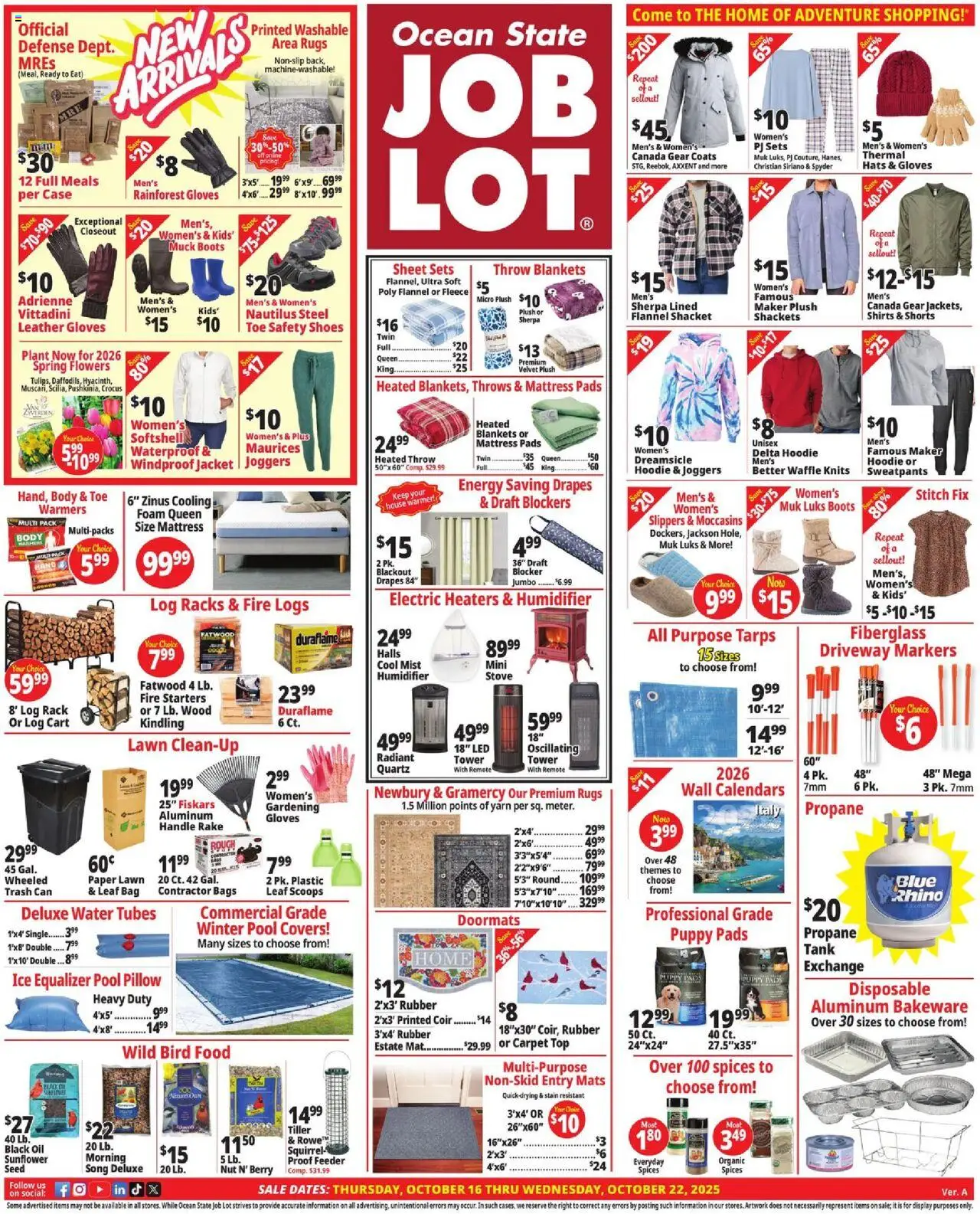 Ocean State Job Lot Weekly Ad from 10/16/2025 - Flyer - Page number 1 - Flowers, Sheet, Boots, Oil, Yarn, Bag, Spices, Gloves