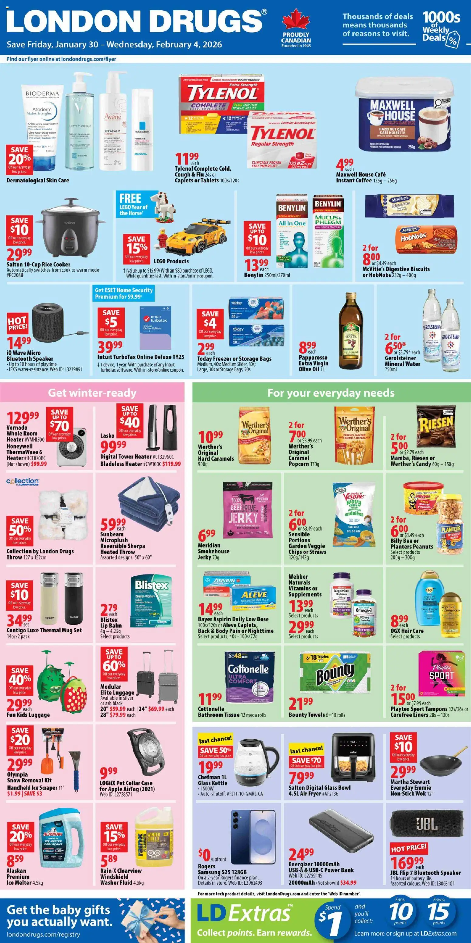 Preview of leaflet Weekly flyer / circulaire from shop London Drugs is valid from Jan 30, 2026 - Popcorn, Luggage, Battery, Oil, Rice, Salt, Towels, Instant coffee