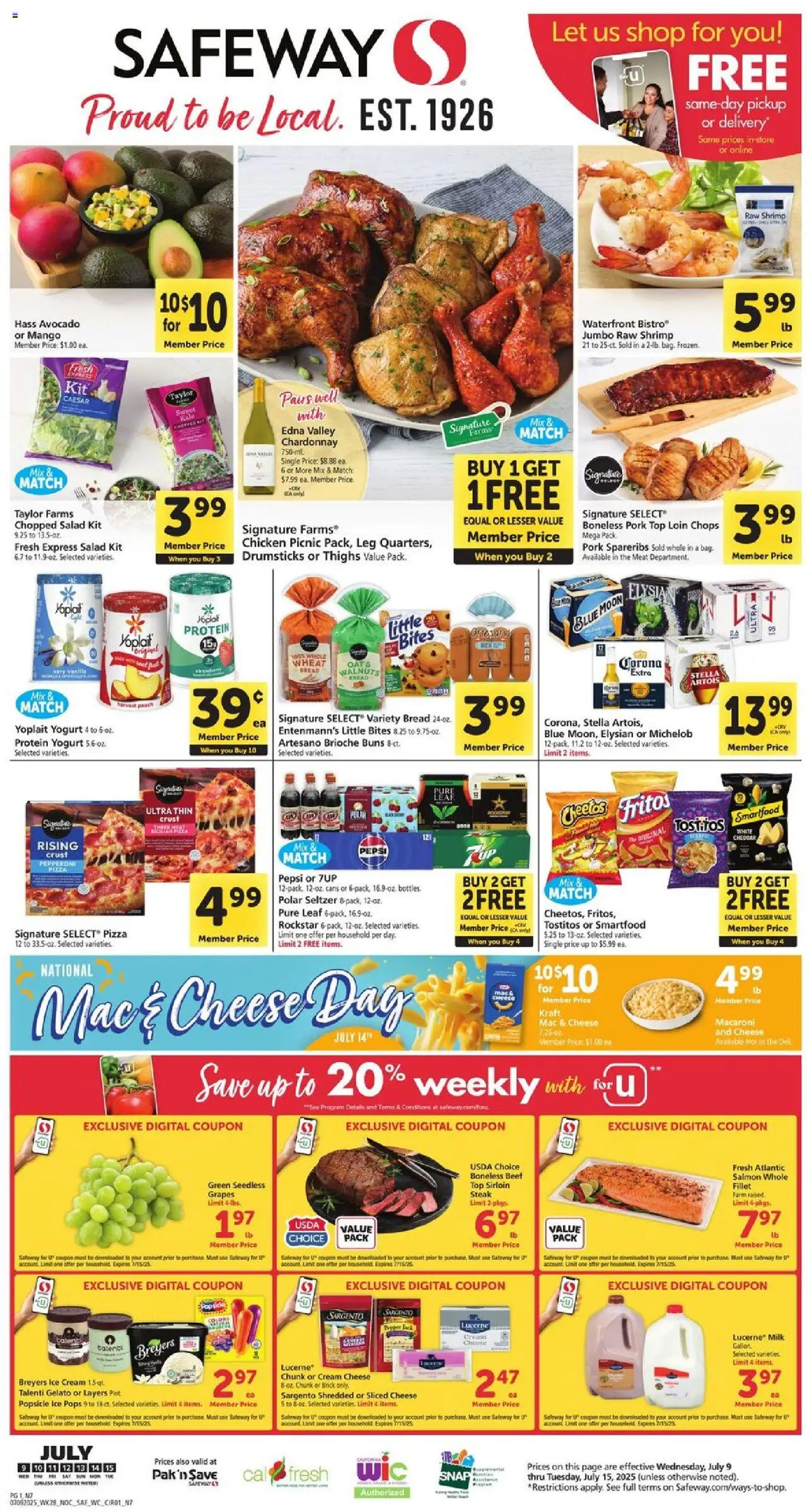 Safeway Weekly Ad - CA from 07/09/2025 - Flyer - Page number 1 - Meat, Chicken, Brioche, Milk, Bread, Salad, Peach, Grapes