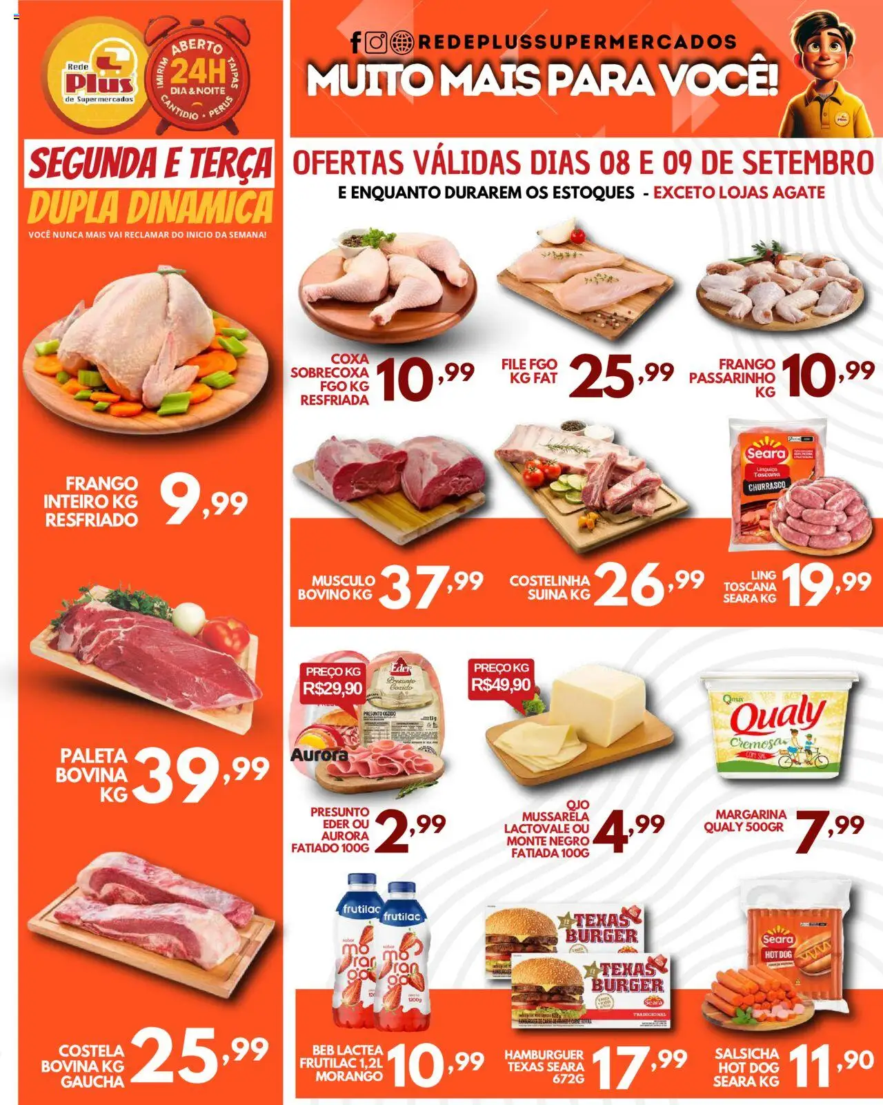 Rede Plus Supermercados folheto "Ofertas Segunda e Terca" válido a partir de 08/09/2025 - número de página 1 - Hambúrguer, Salsicha, Frango, Mussarela, Linguiça, Presunto, Margarina