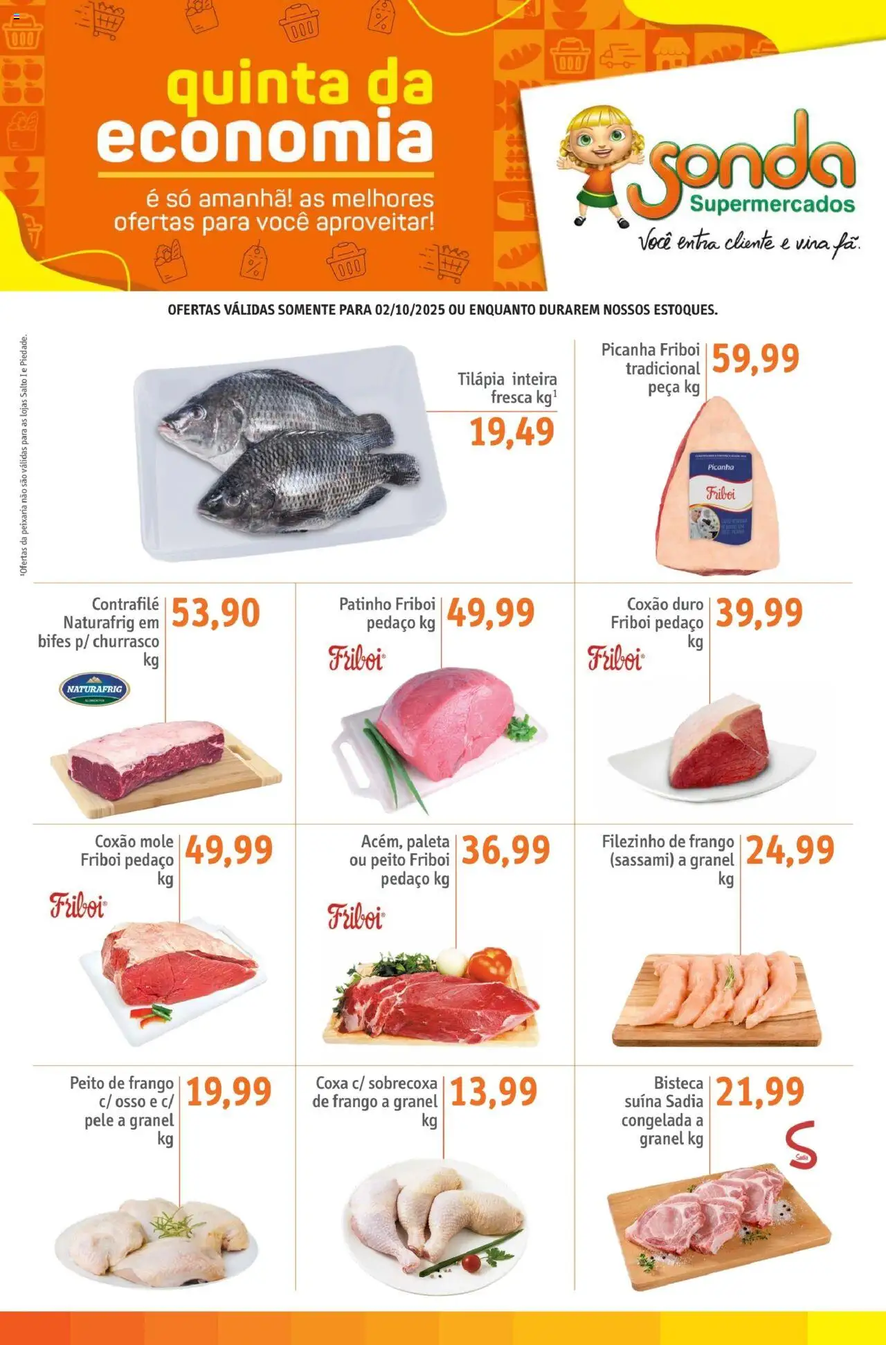 Sonda folheto "Ofertas Quinta da Economia" válido a partir de 02/10/2025 - número de página 1 - Picanha, Frango, Peito de frango, Tilápia, Coxão duro, Coxão mole