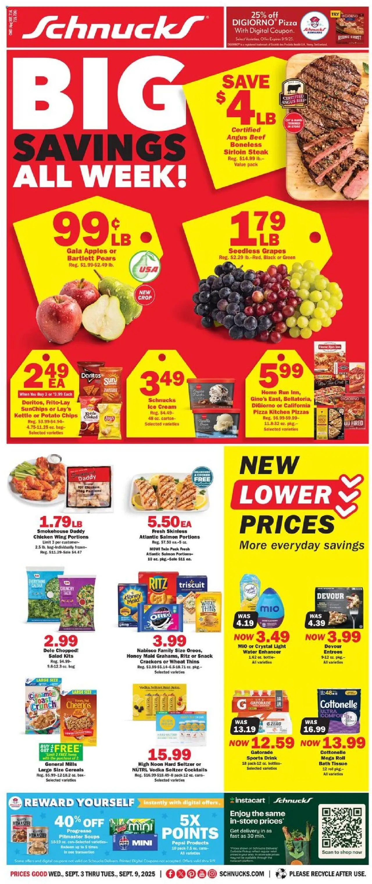 Schnucks Weekly Print Ad - MO from 09/03/2025 - Flyer - Page number 1 - Pizza, Apples, Ice, Box, Chips, Salmon, Potato chips, Kettle