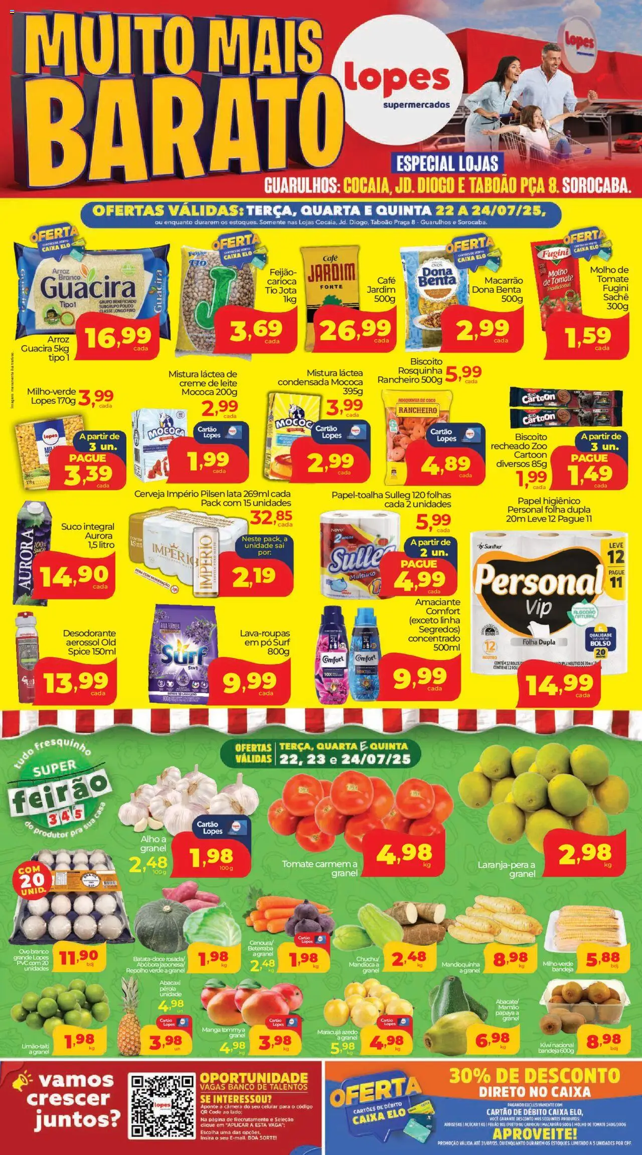 Lopes Supermercados folheto "Ofertas Muito Mais Barato" válido a partir de 22/07/2025 - número de página 1 - Banco, Macarrão, Arroz, Abóbora, Maracujá, Creme de leite, Amaciante, Bandeja