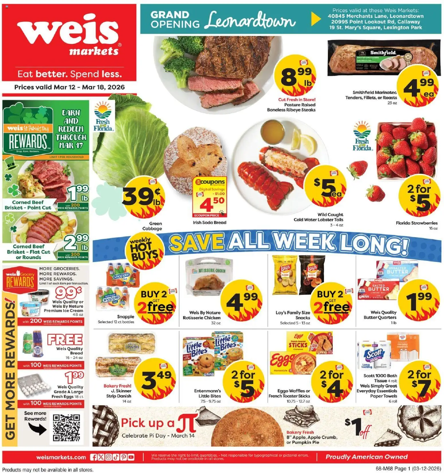 Ad Preview of Weis Weis Grand Opening Leonardtown from 03/12/2026 - Ice cream, Waffles, Bread, Pumpkin, Butter, Beef, Cabbage, Bath
