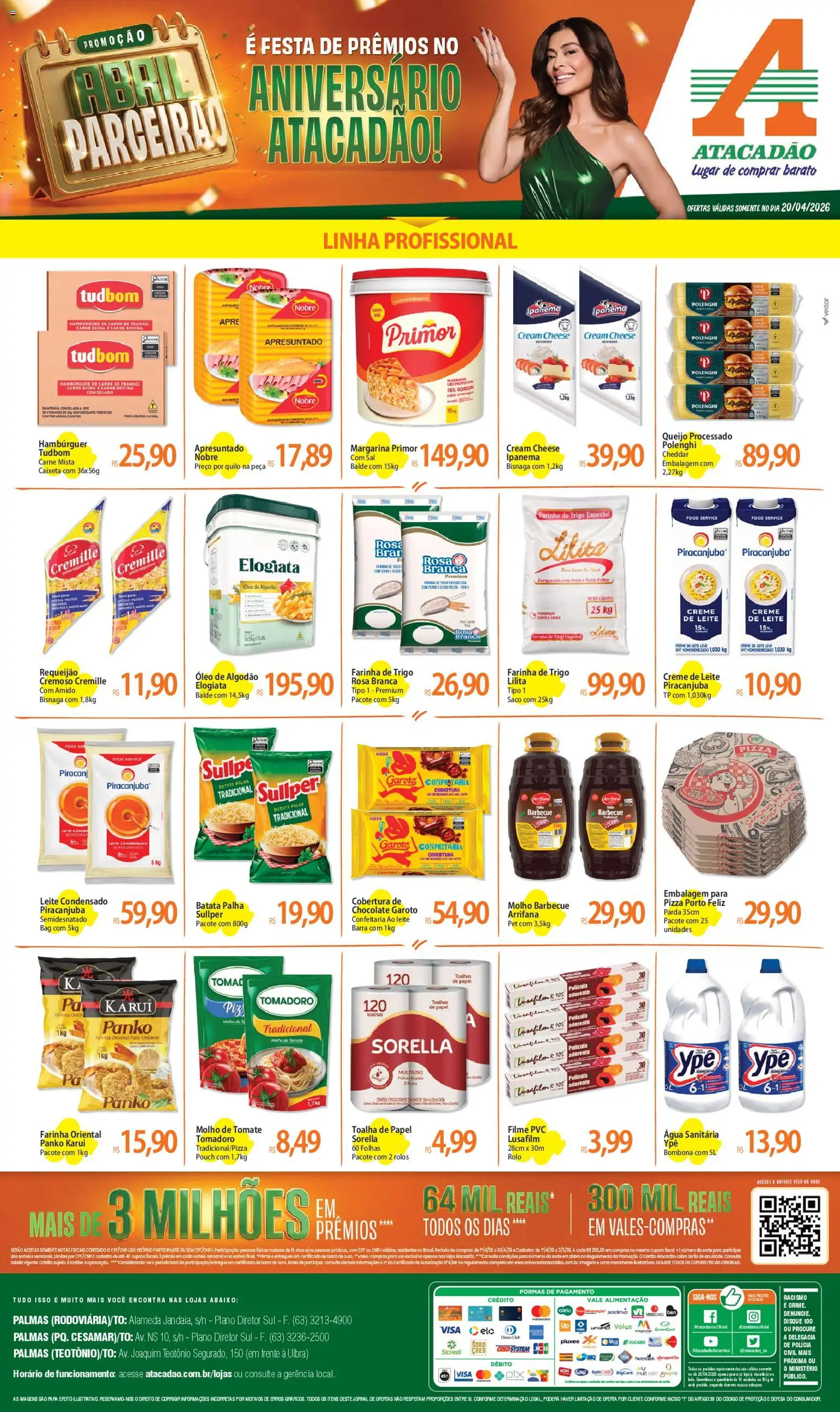 Pré-Visualização do folheto "Atacadão ofertas - TO" da loja Atacadão válido a partir de 20/04/2026 - Hambúrguer, Cream cheese, Leite condensado, Sal, Carne, Tomate, Ferro, Margarina primor