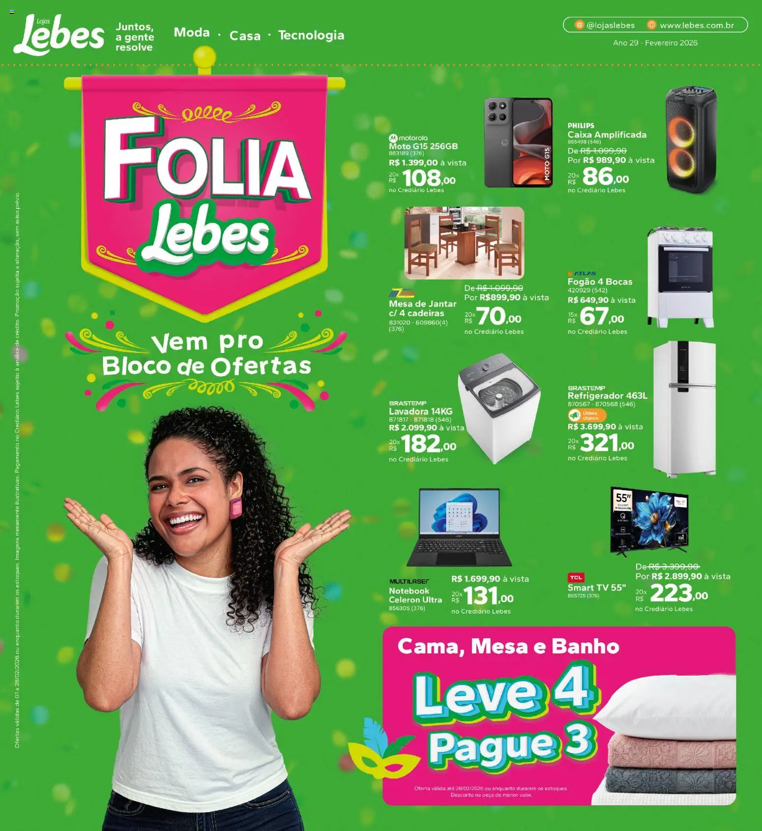 Pré-Visualização do folheto "Ofertas atuais" da loja Lebes válido a partir de 01/02/2026 - Caixa, Notebook, Fogão, Cadeiras, Tv, Mesa de jantar, Mesa, Refrigerador