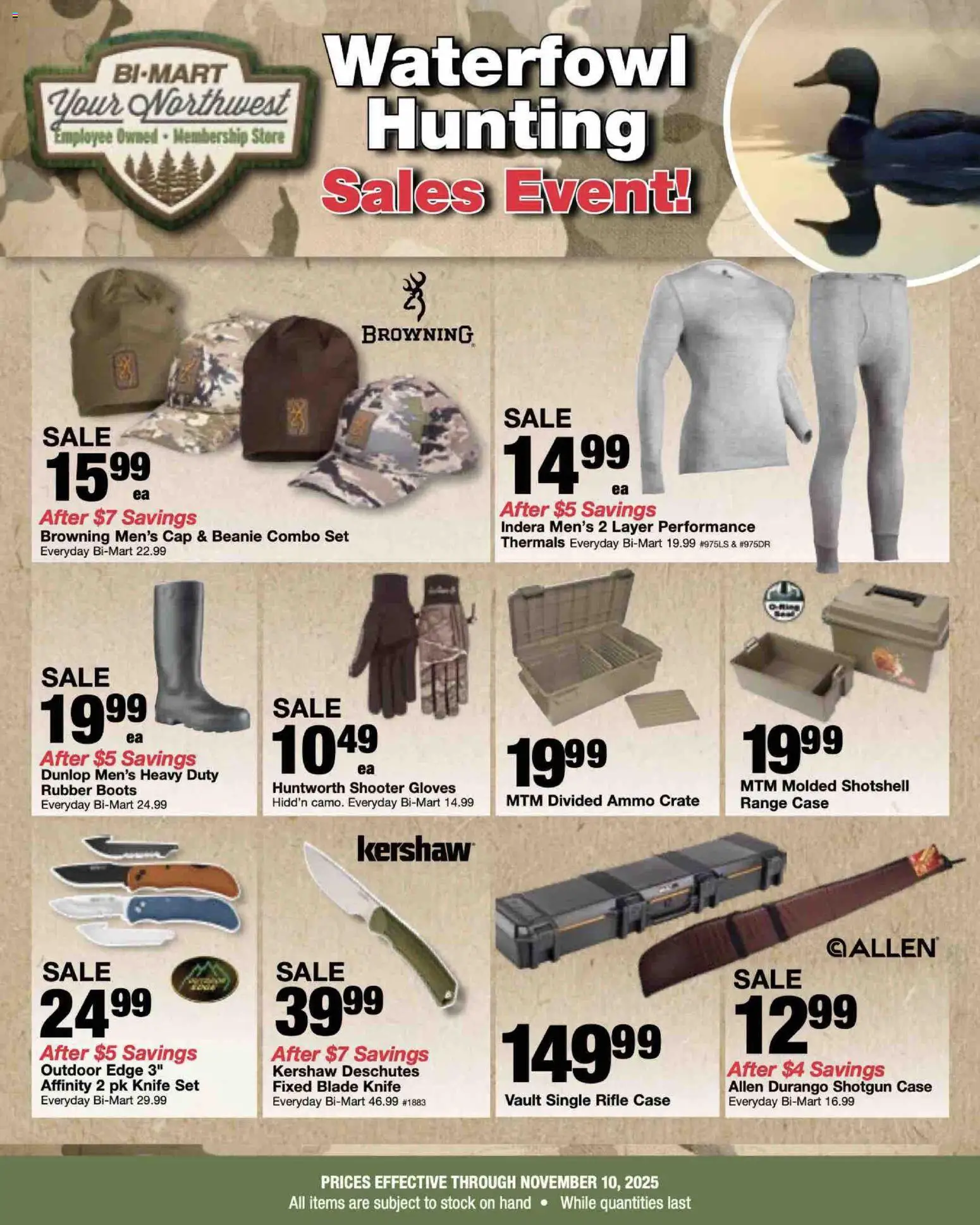 Ad Preview of Bi-Mart Waterfowl Hunting Savings from 10/28/2025 - Boots, Cap, Gloves, Case, Waterfowl, Shotgun, Ammo, Rifle