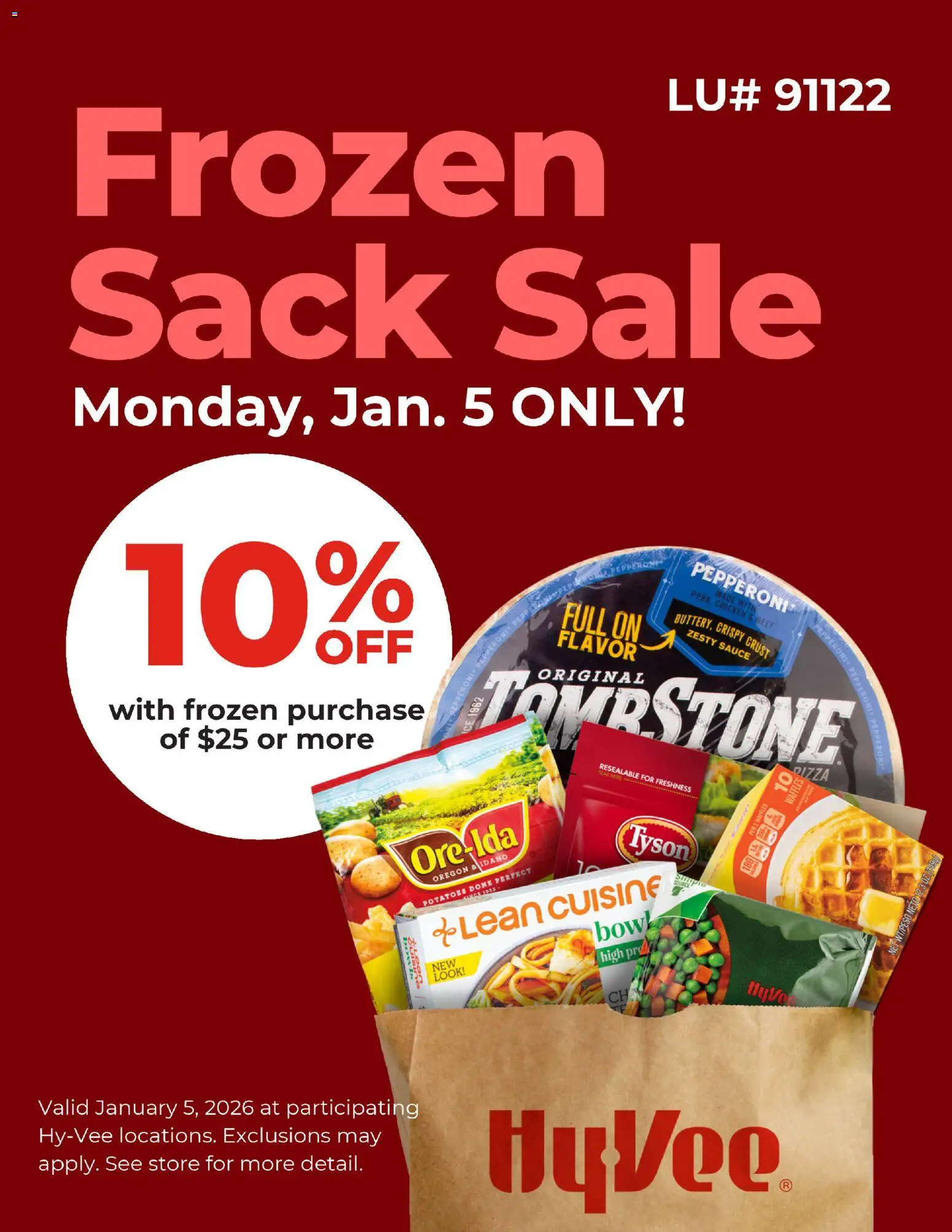 Ad Preview of HyVee Frozen Sack Sale from 01/05/2026 - Waffles, Potatoes, Beef, Sauce, Chicken
