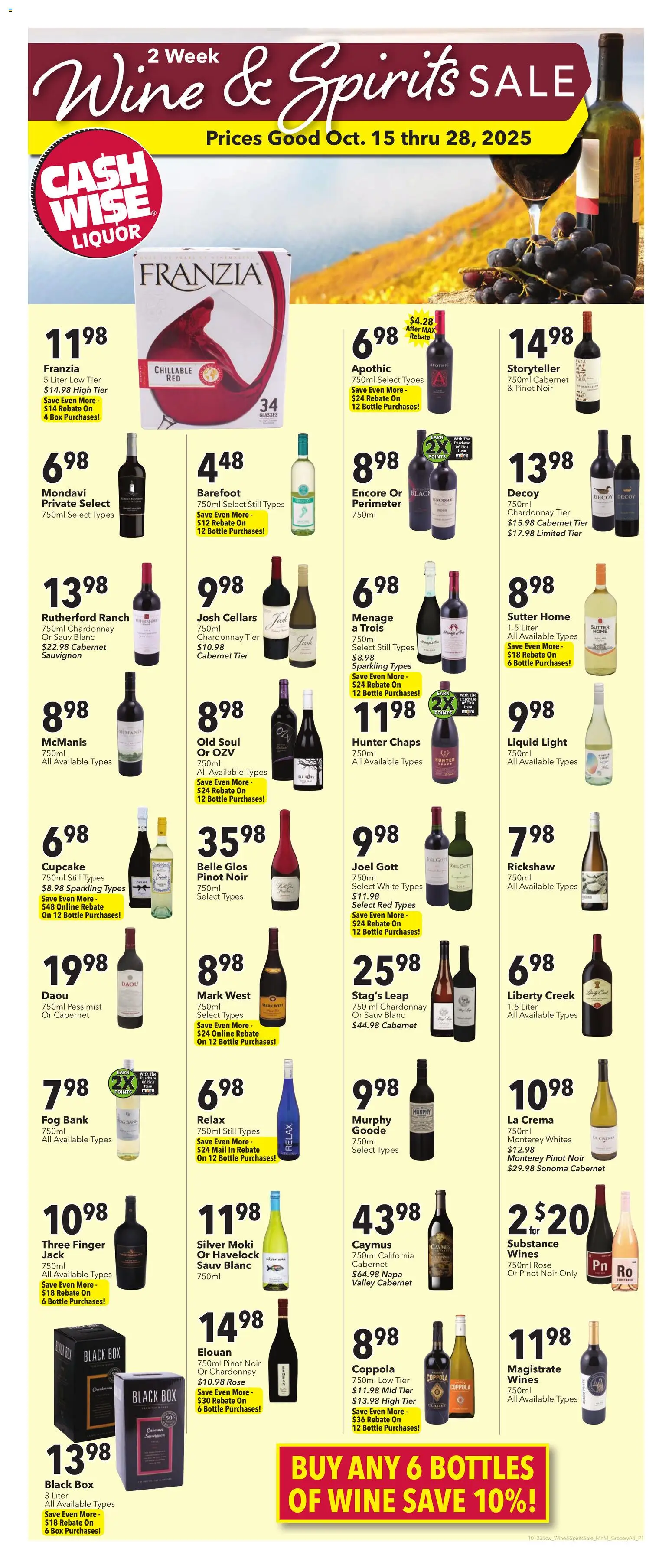 Cash Wise Wine & Spirits Sale from 10/15/2025 - Flyer - Page number 1 - Box, Glasses, Wine, Cupcake
