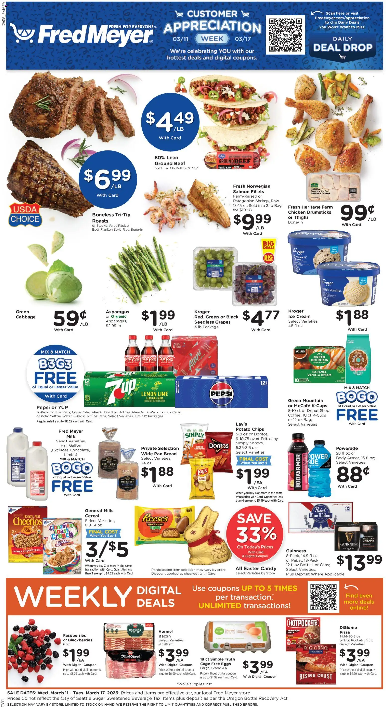 Ad Preview of Fred Meyer Fred Meyer Weekly Ad from 03/11/2026 - Coffee, Eggs, Honey, Cereal, Pepsi, Raspberries, Cream, Potato chips