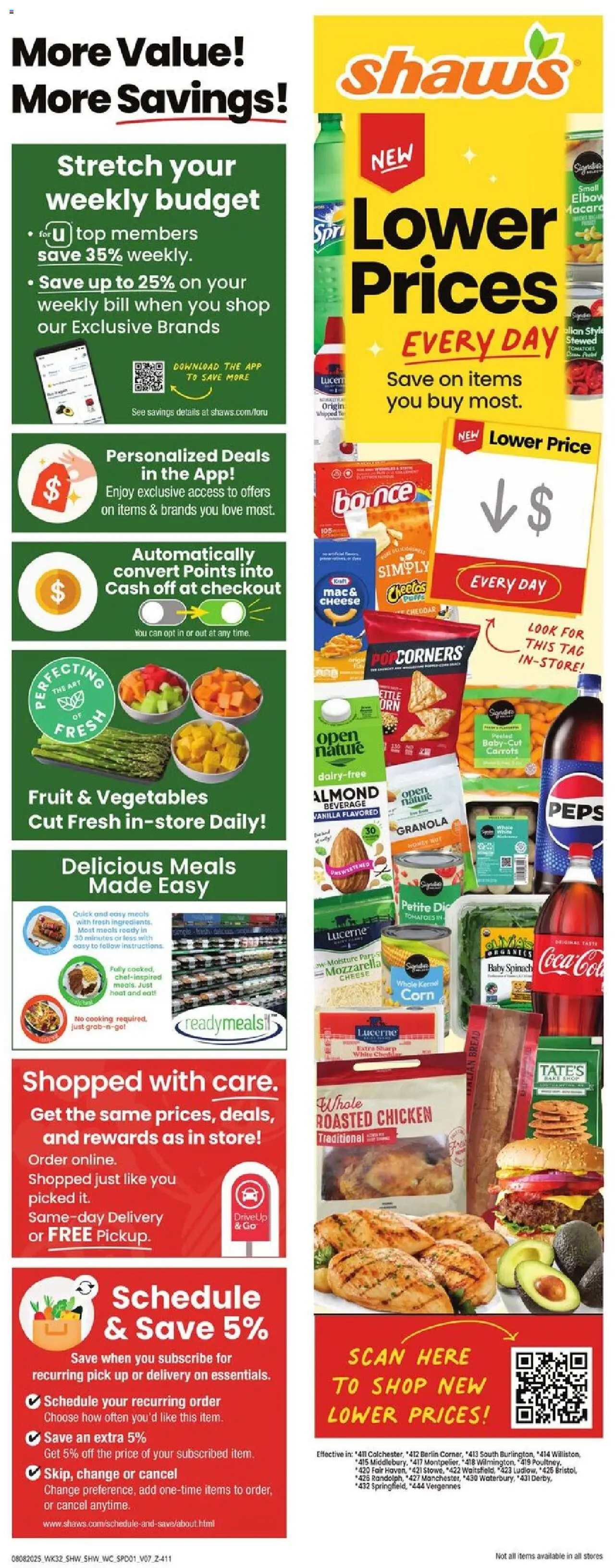Shaw's Weekly Ad - VT from 08/08/2025 - Flyer - Page number 1 - Fruit, Vegetables, Bread, Tomatoes, Tomato, Spinach, Mozzarella, Chicken