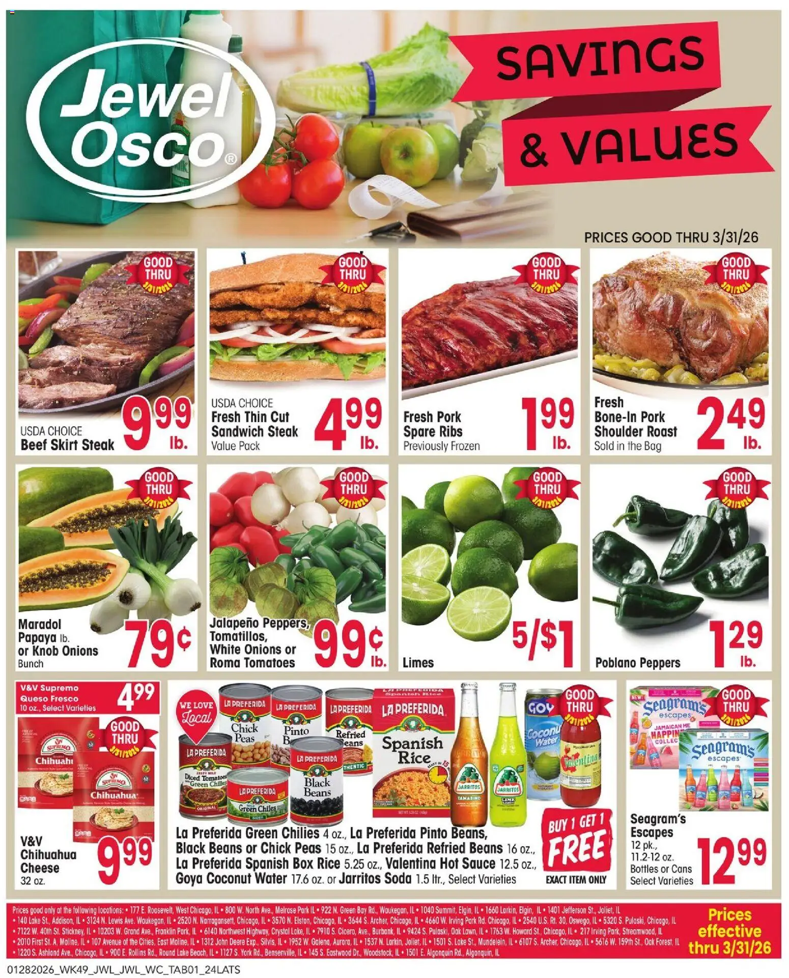 Ad Preview of Jewel Osco Savings & Values from 01/28/2026 - Water, Steak, Box, Tomatoes, Rice, Coconut, Lime, Bag