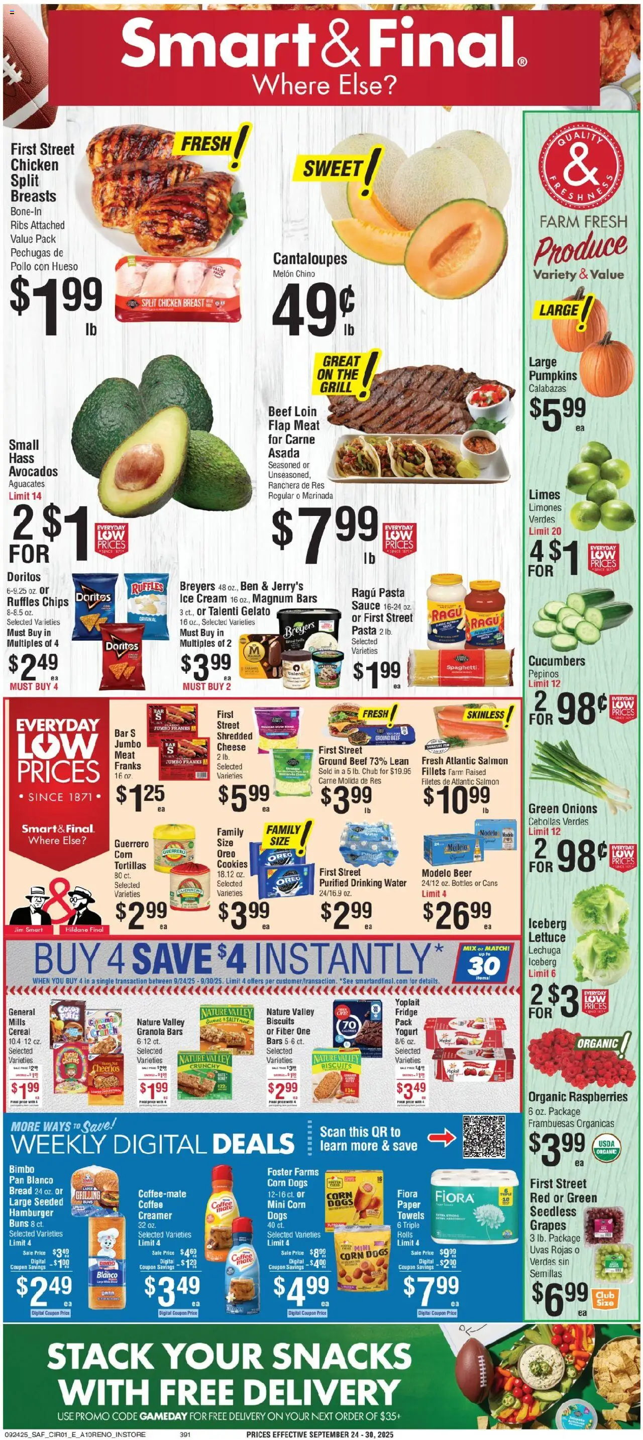 Smart & Final Weekly Ad from 09/24/2025 - Flyer - Page number 1 - Snacks, Bread, Cantaloupes, Raspberries, Cucumbers, Tortillas, Cream, Magnum
