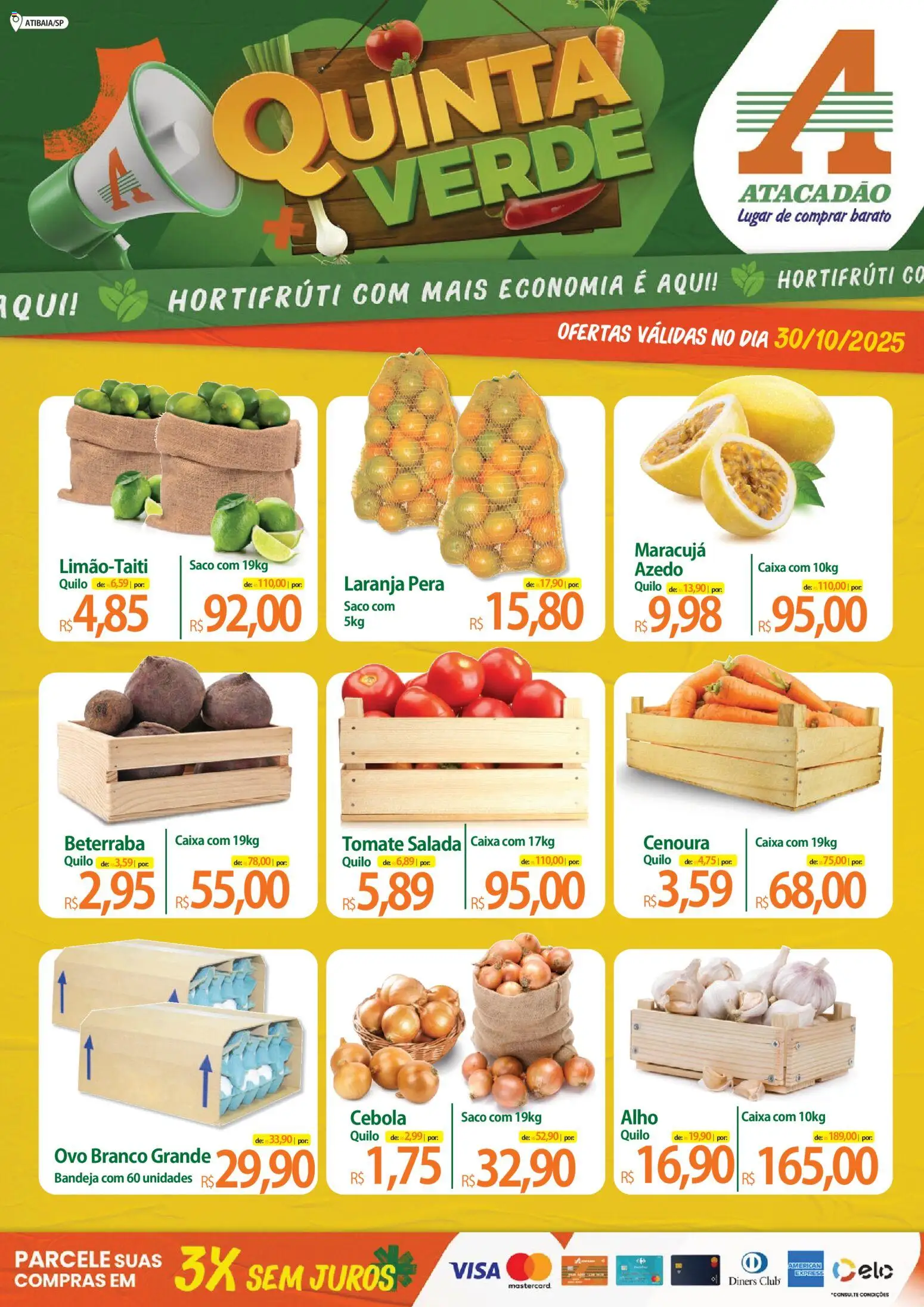 Pré-Visualização do folheto "Ofertas - SP" da loja Atacadão válido a partir de 30/10/2025 - Caixa, Pera, Beterraba, Tomate, Cenoura, Salada, Cebola, Alho