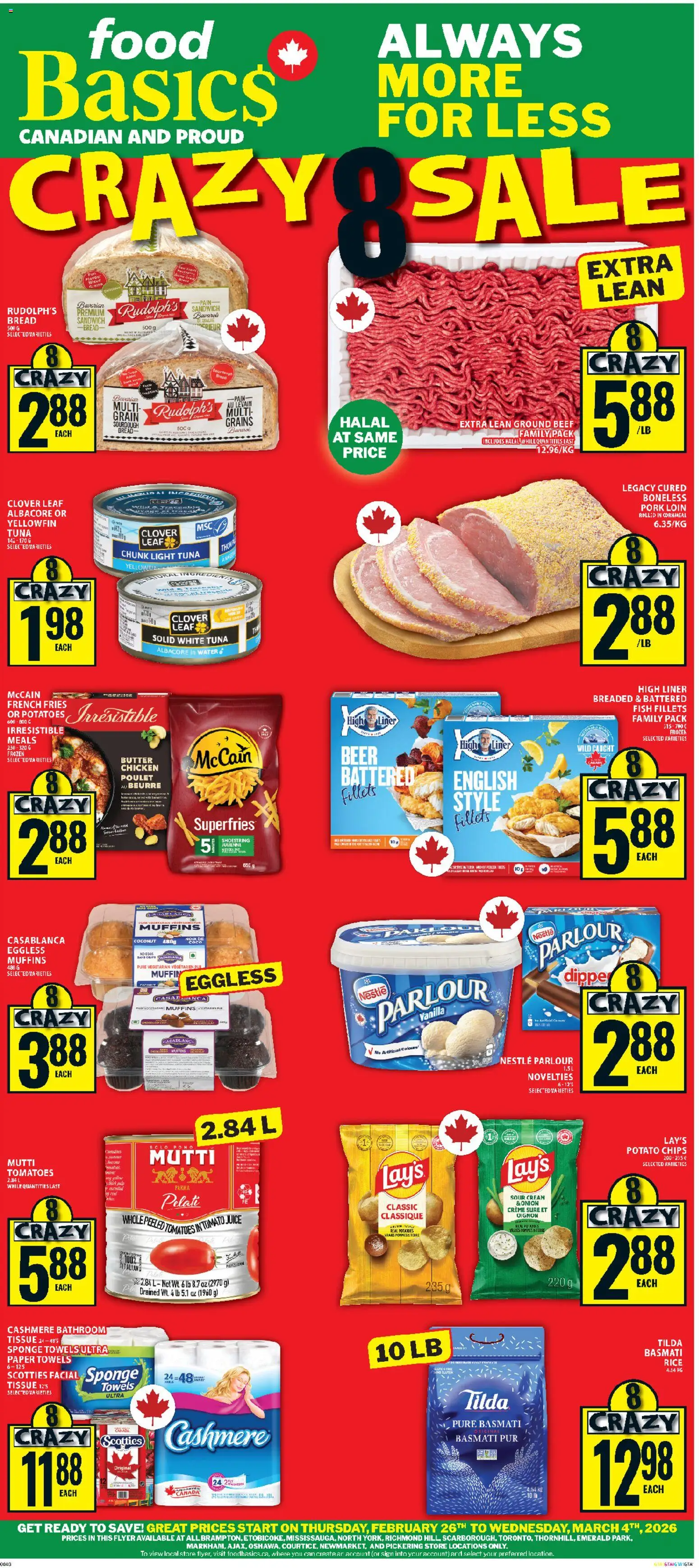 Preview of leaflet Ajax from shop Food Basics is valid from Feb 26, 2026 - Chicken, Fish, Bread, Muffins, Rice, Coconut, Sponge, Pork loin