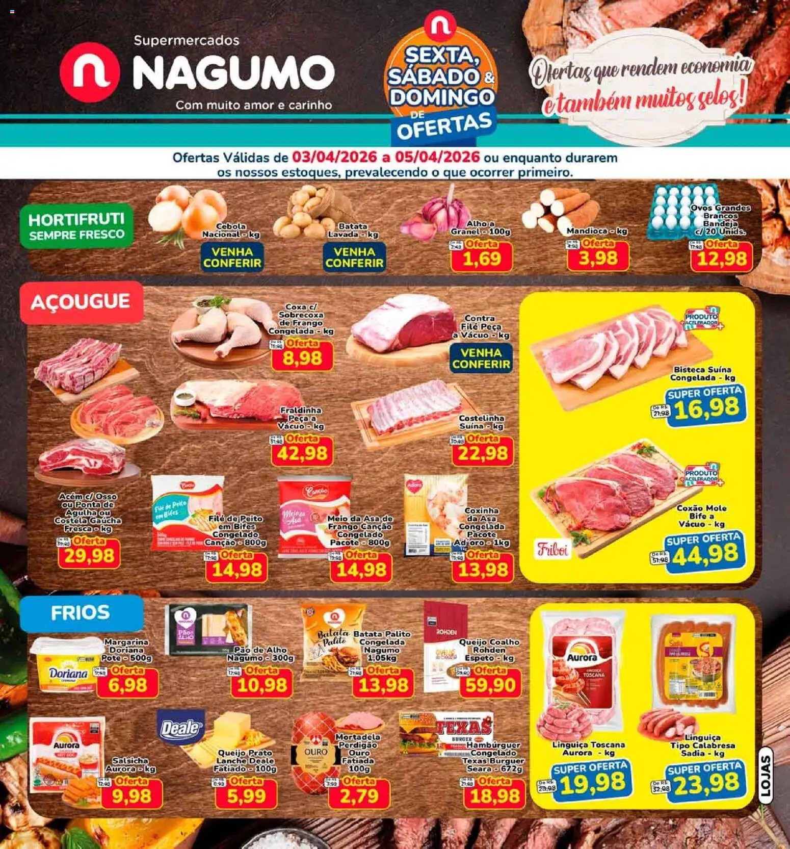 Pré-Visualização do folheto "Nagumo ofertas FDS" da loja Nagumo válido a partir de 03/04/2026 - Salsicha, Ovos, Queijo coalho, Mandioca, Mortadela, Cebola, Bandeja, Margarina