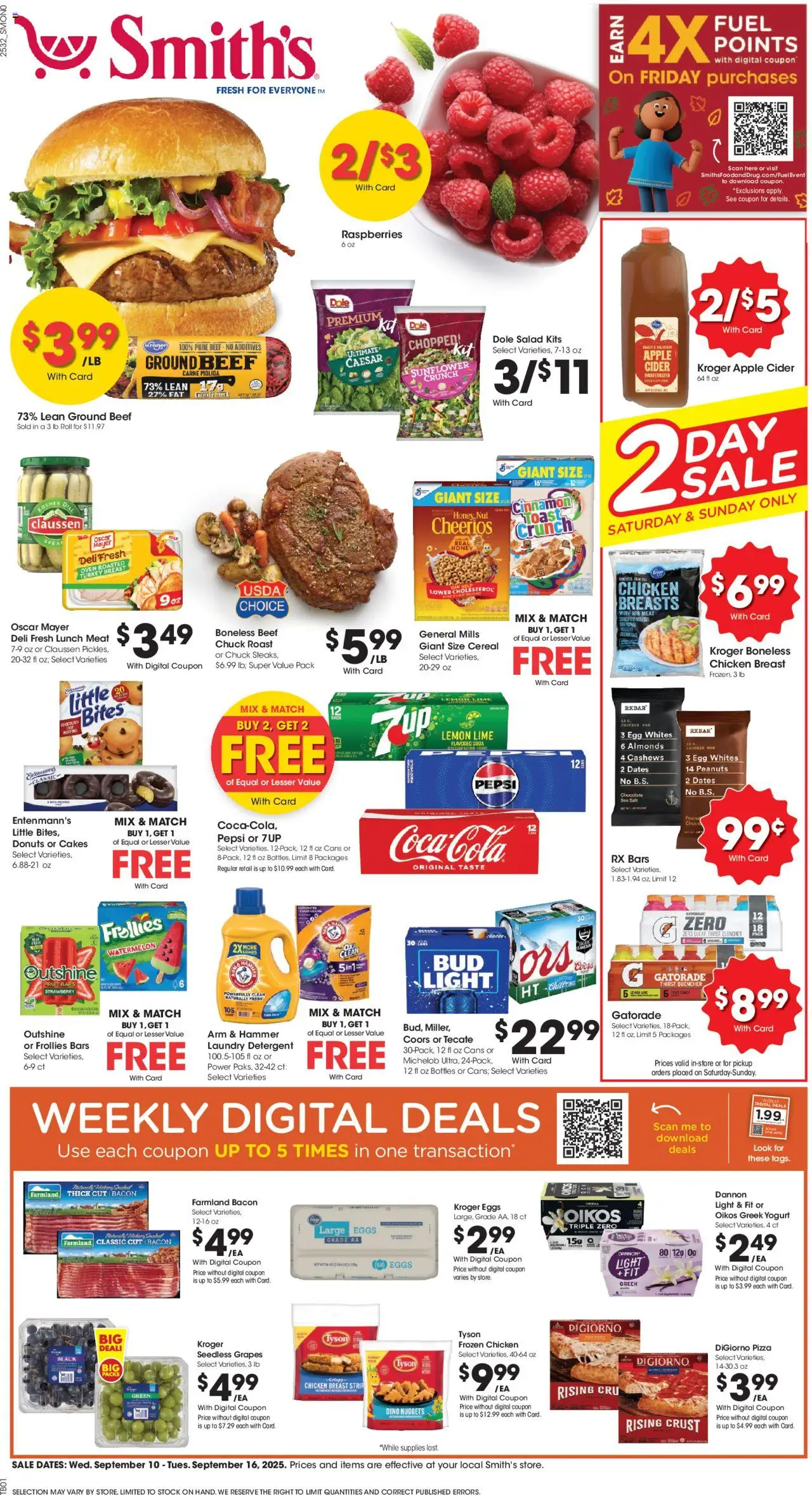 Smith's Weekly Ad - NM from 09/10/2025 - Flyer - Page number 1 - Pizza, Honey, Watermelon, Raspberries, Bacon, Lime, Ground beef, Chicken