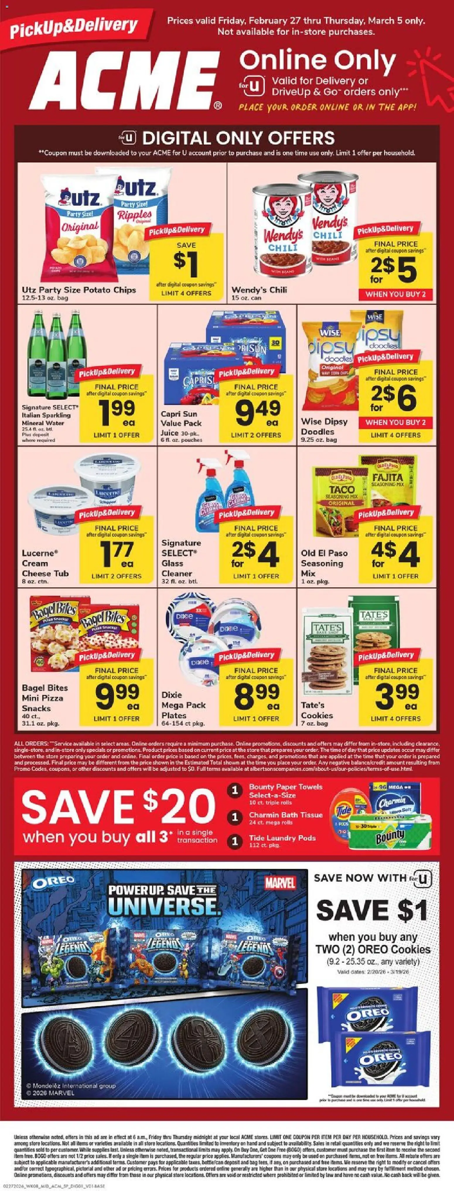 Ad Preview of Acme Specialty Publication from 02/27/2026 - Water, Snacks, Chips, Juice, Bag, Bath, Cream, Mineral water
