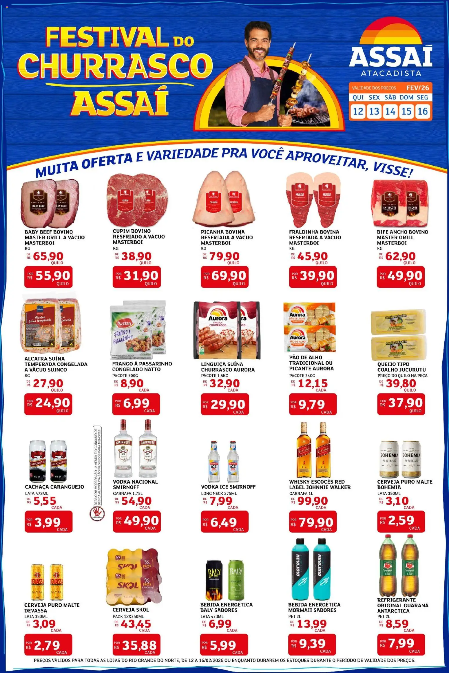 Pré-Visualização do folheto "Assaí Atacadista ofertas - RN" da loja Assaí Atacadista válido a partir de 12/03/2026 - Whisky, Cerveja, Picanha, Vodka, Queijo, Refrigerante, Fraldinha, Guaraná