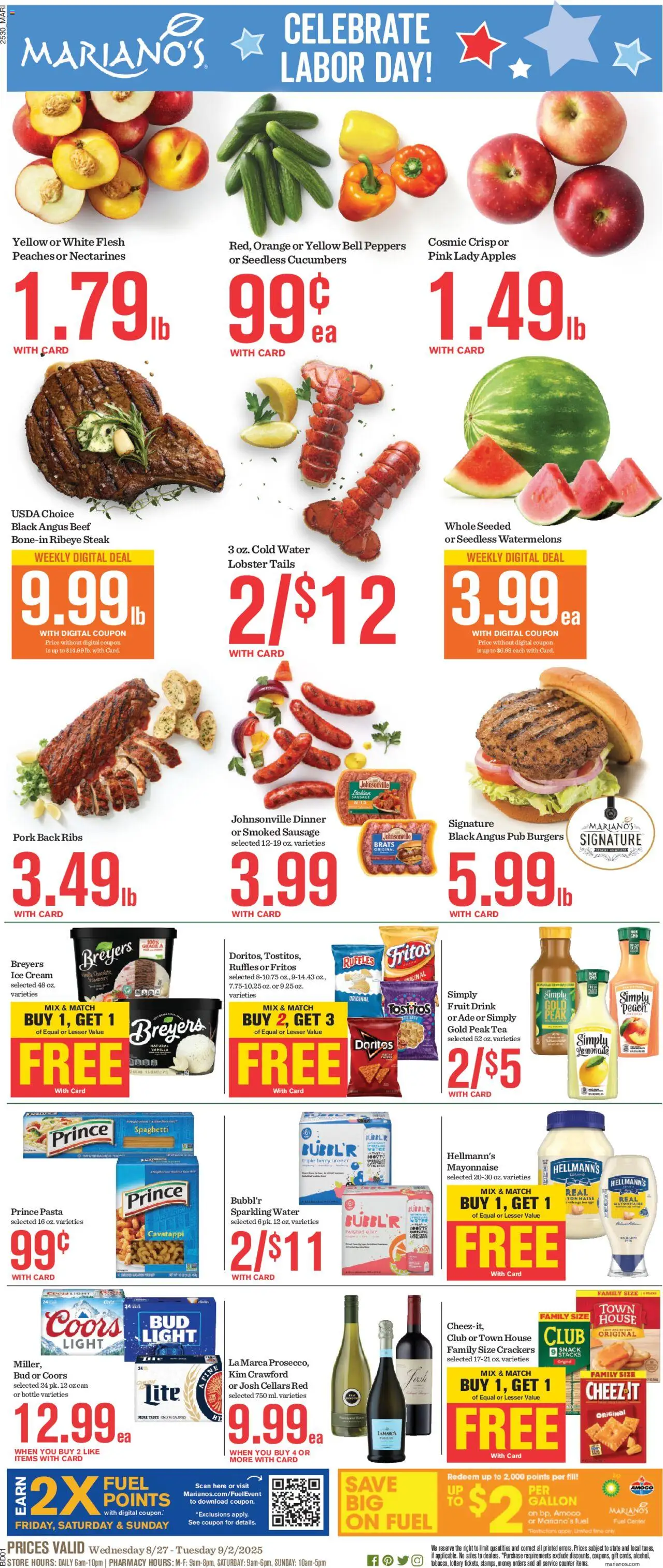 Mariano's Weekly Ad from 08/27/2025 - Flyer - Page number 1 - Apples, Ice cream, Water, Steak, Eggs, Tea, Beef, Crackers