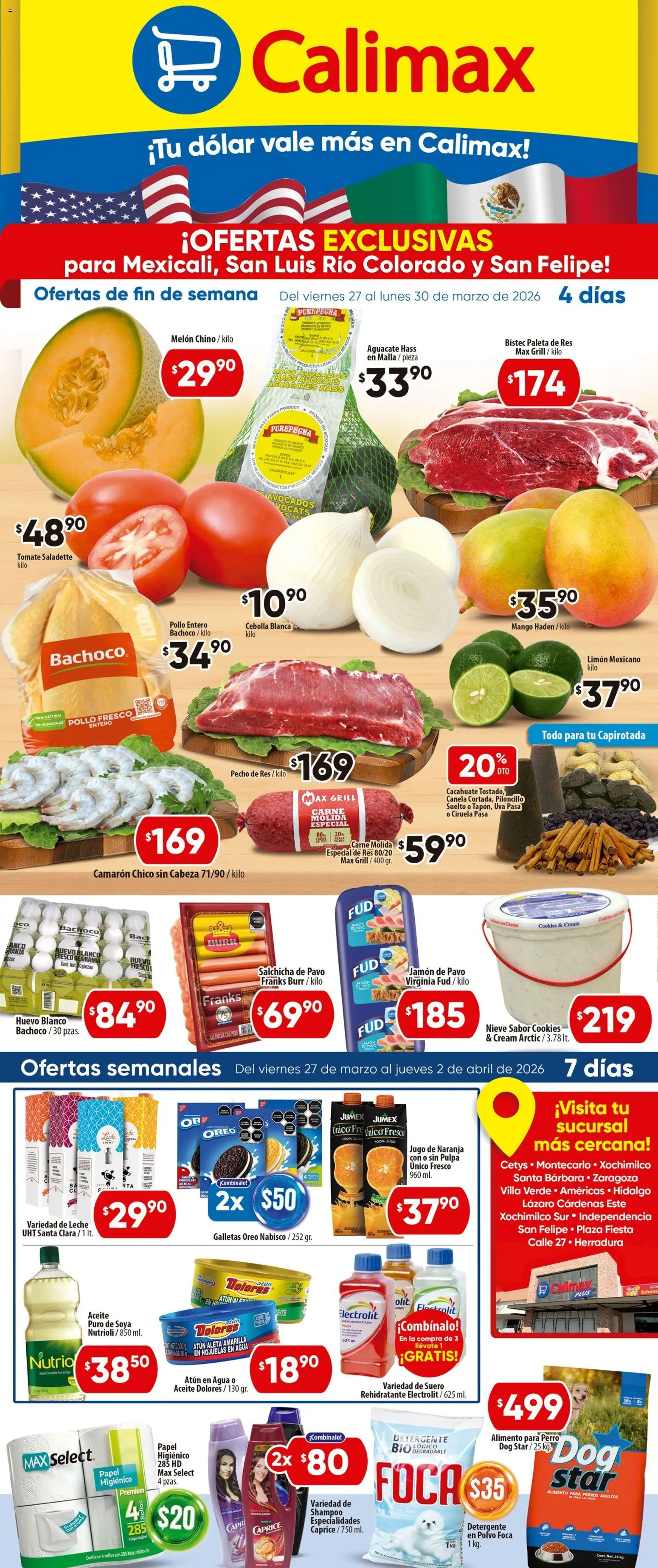 Vista previa las ofertas de la tienda Calimax - Calimax folleto Mexicali y SLRC desde el 27/03/2026 - Chocolate, Galletas, Tomate, Huevo, Crema, Salchicha, Alimento para perros, Leche UHT