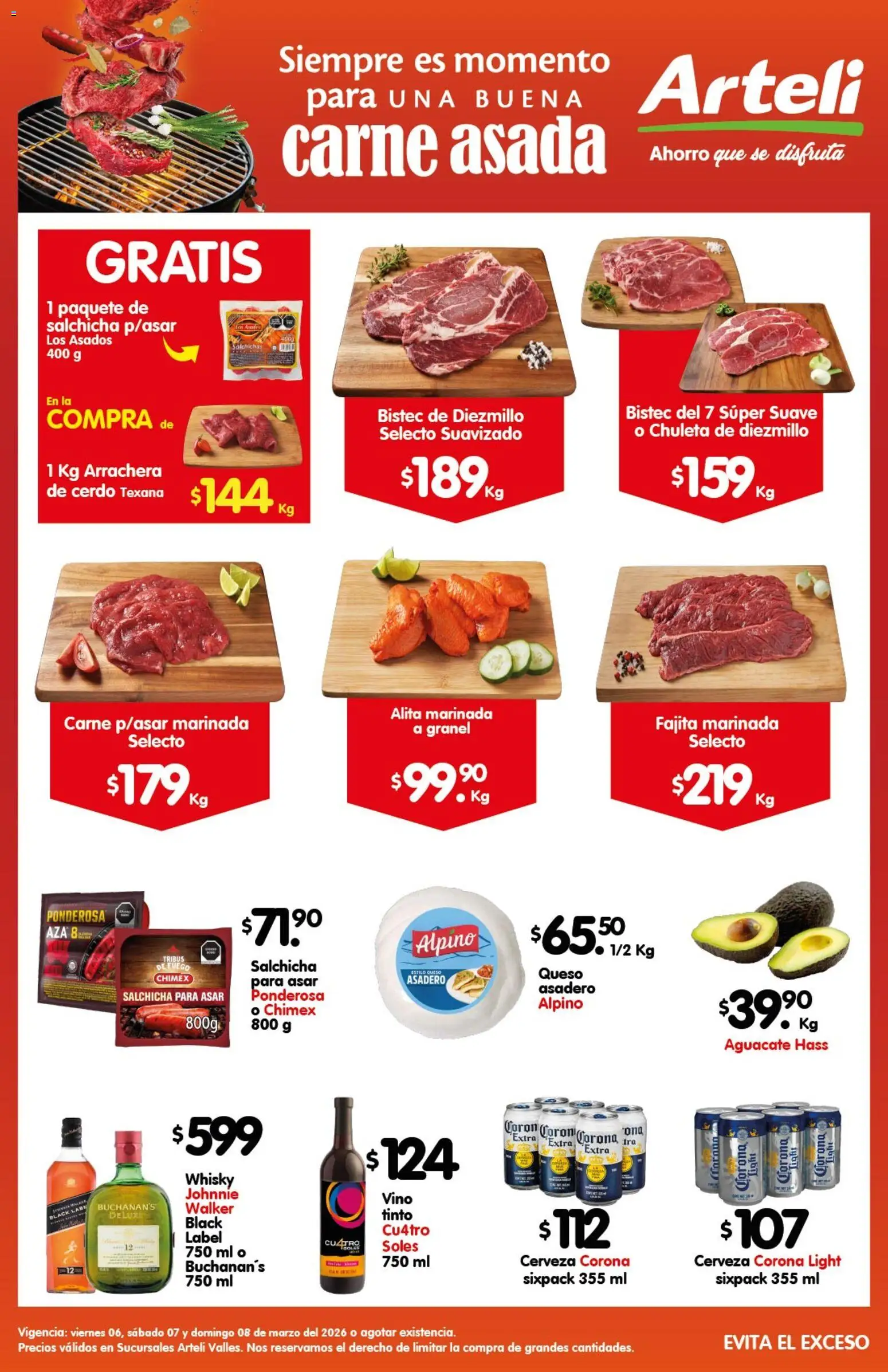 Vista previa las ofertas de la tienda Arteli - Arteli folleto Carne Valles desde el 06/03/2026 - Whisky, Cerveza, Queso, Vino, Cerveza Corona, Chuleta, Salchichas, Queso para asar