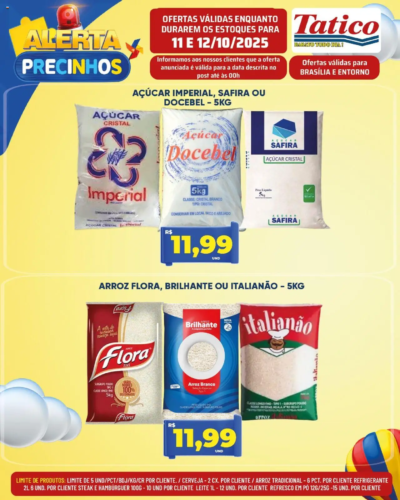 Tatico folheto "Ofertas Alerta Precinhos" válido a partir de 11/10/2025 - número de página 1 - Hambúrguer, Cerveja, Arroz, Leite, Refrigerante, Pó, Açúcar cristal, Refresco