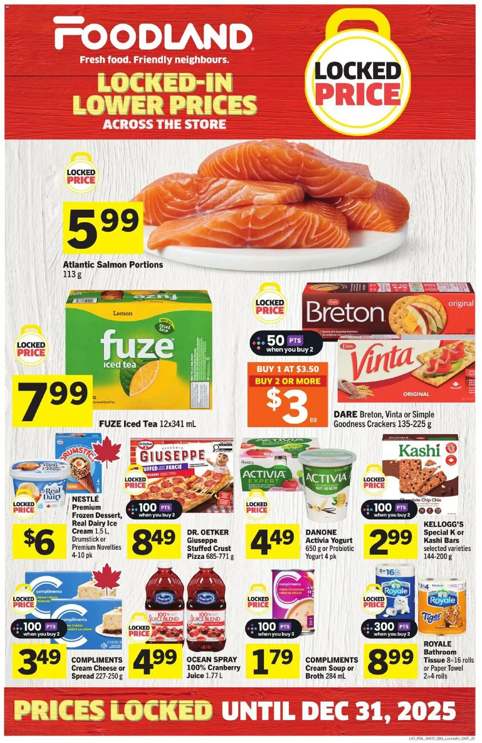Preview of leaflet Special Promotion from shop Foodland is valid from Nov 27, 2025 - Pizza, Ice, Salmon, Yogurt, Juice, Crackers, Iced tea, Broth
