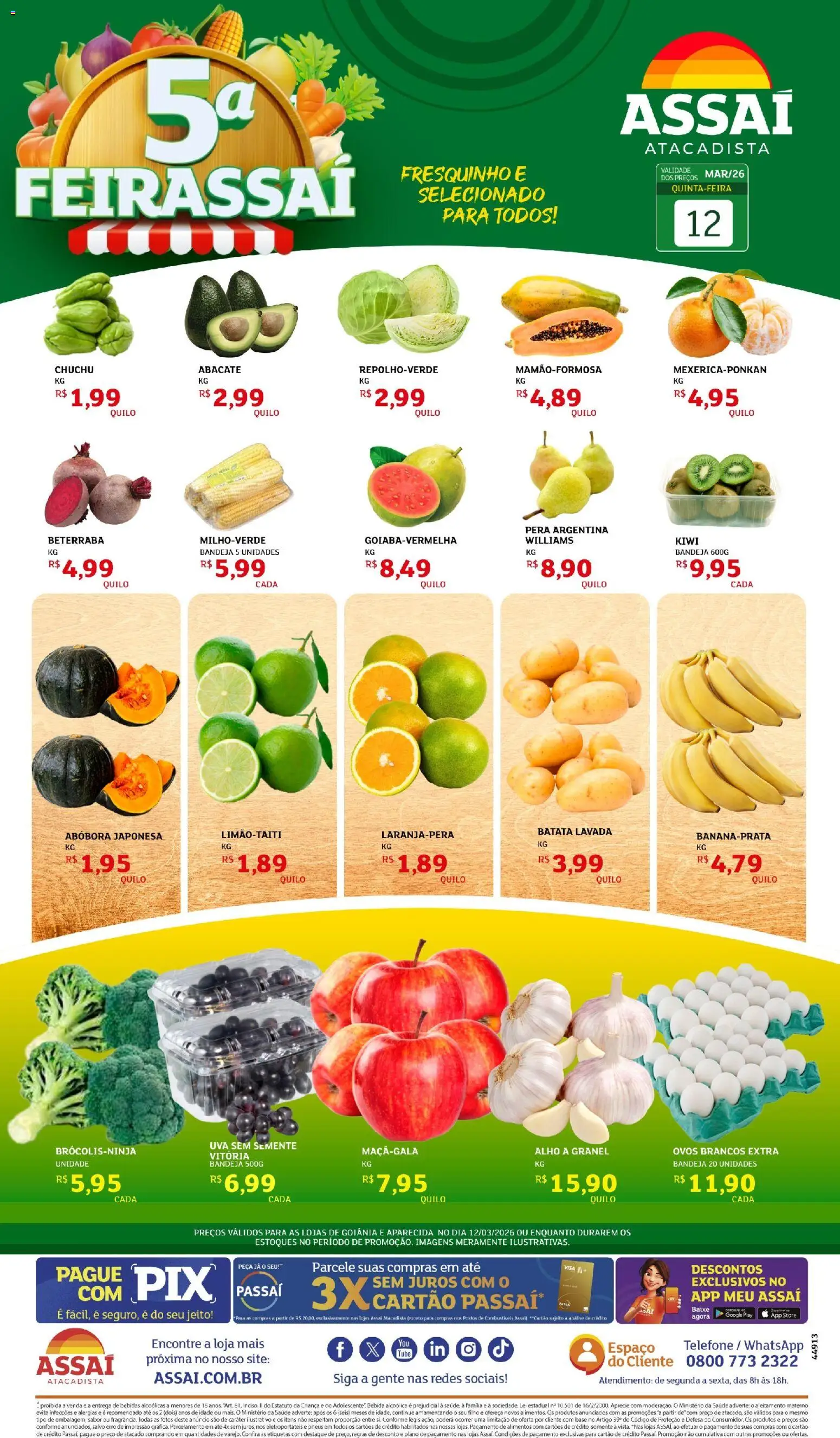 Pré-Visualização do folheto "Assaí Atacadista ofertas - GO" da loja Assaí Atacadista válido a partir de 12/03/2026 - Telefone, Uva, Bebidas, Pneus, Chuchu, Beterraba, Alimentos, Bandeja