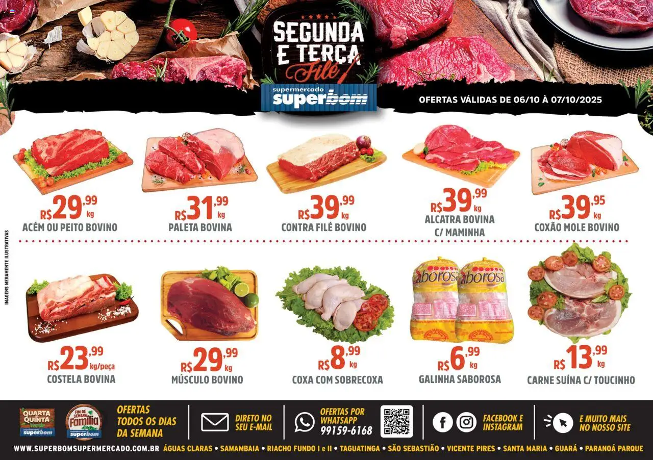 Superbom folheto "Ofertas da semana" válido a partir de 06/10/2025 - número de página 1 - Carne, Alcatra, Maminha, Costela bovina, Contra filé, Músculo bovino, Acém, Coxão mole