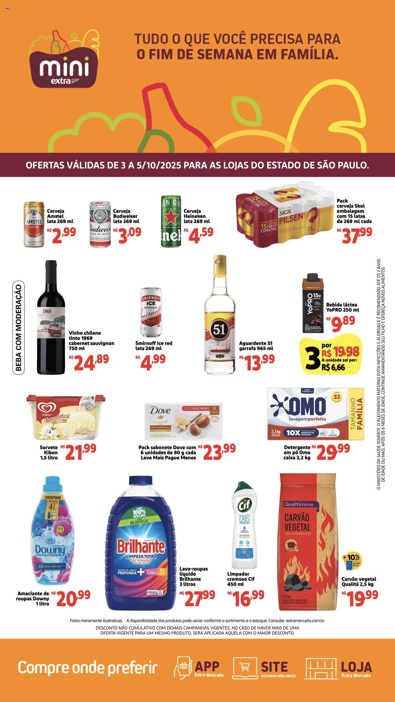 Mini Extra folheto "Ofertas Fim de semana" válido a partir de 03/10/2025 - número de página 1 - Sorvete, Perfume, Chocolate, Vinho, Sabonete, Detergente, Dove, Carvão vegetal