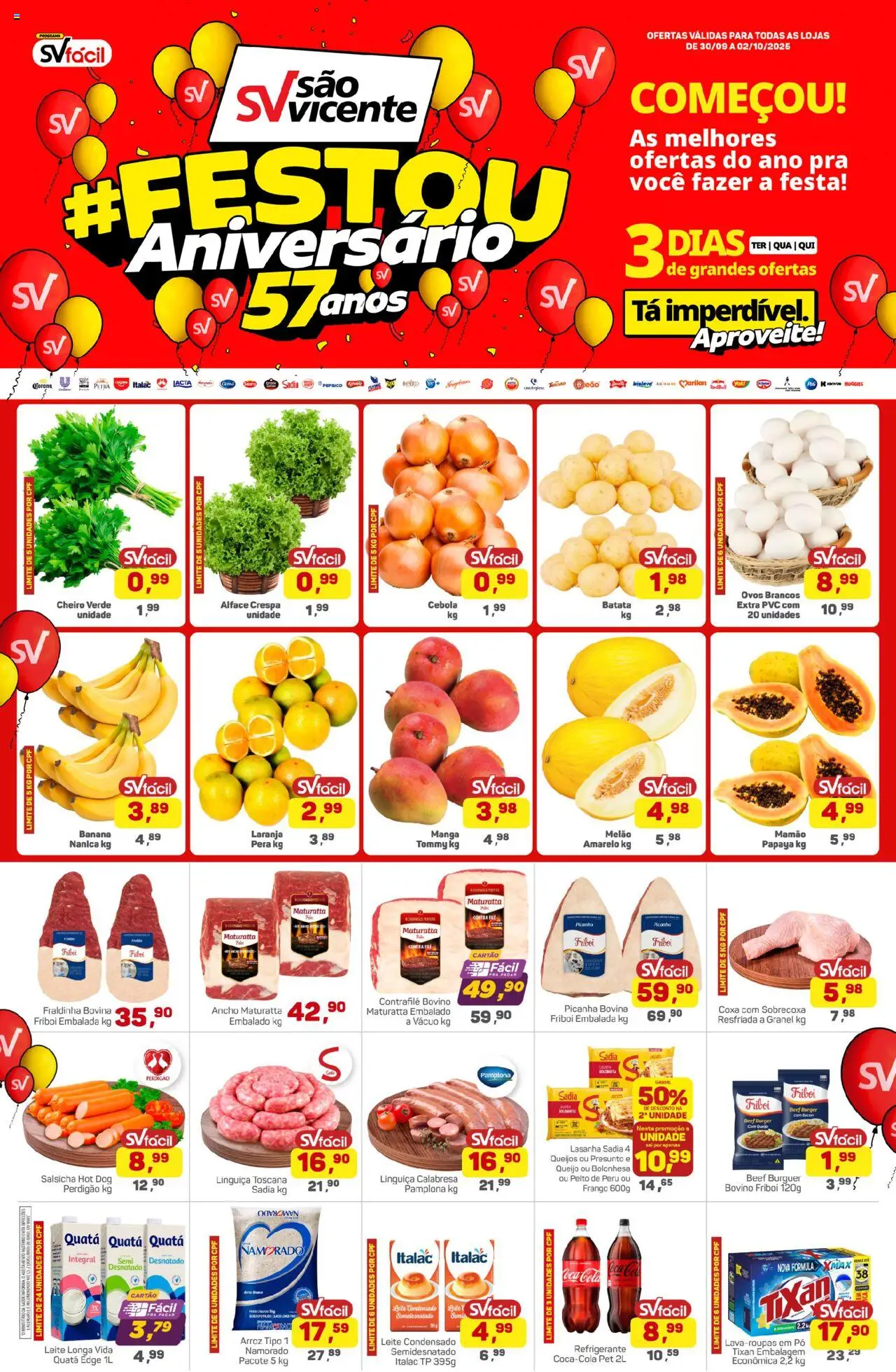 Supermercados São Vicente folheto "Ofertas da semana" válido a partir de 30/09/2025 - número de página 1 - Manga, Leite condensado, Leite, Pera, Refrigerante, Fraldinha, Contra filé, Ancho Maturatta