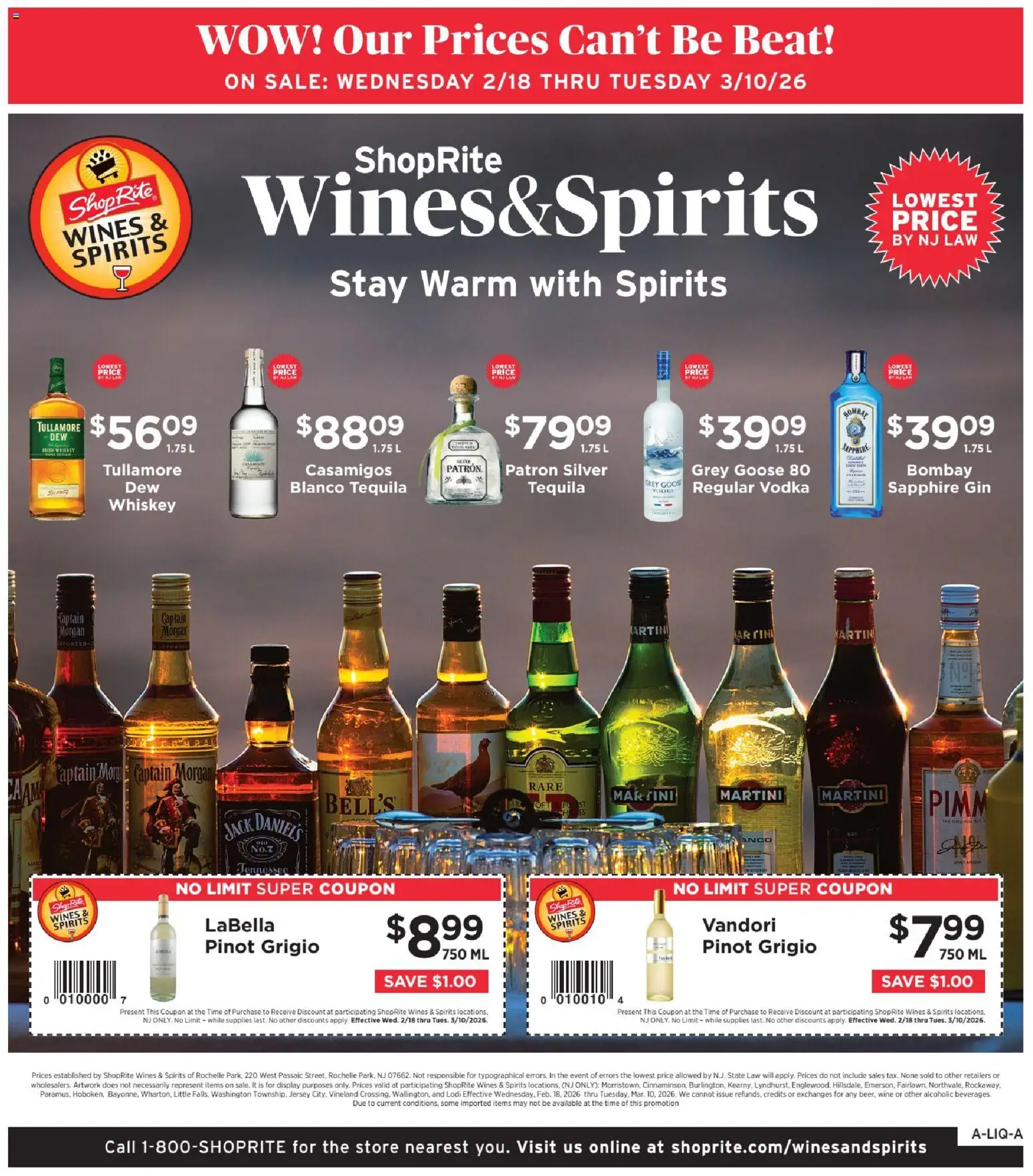 Ad Preview of ShopRite Wine & Spirits from 02/18/2026 - Tequila, Wine, Vodka, Goose, Martini, Gin, Jack Daniel's, Grey Goose